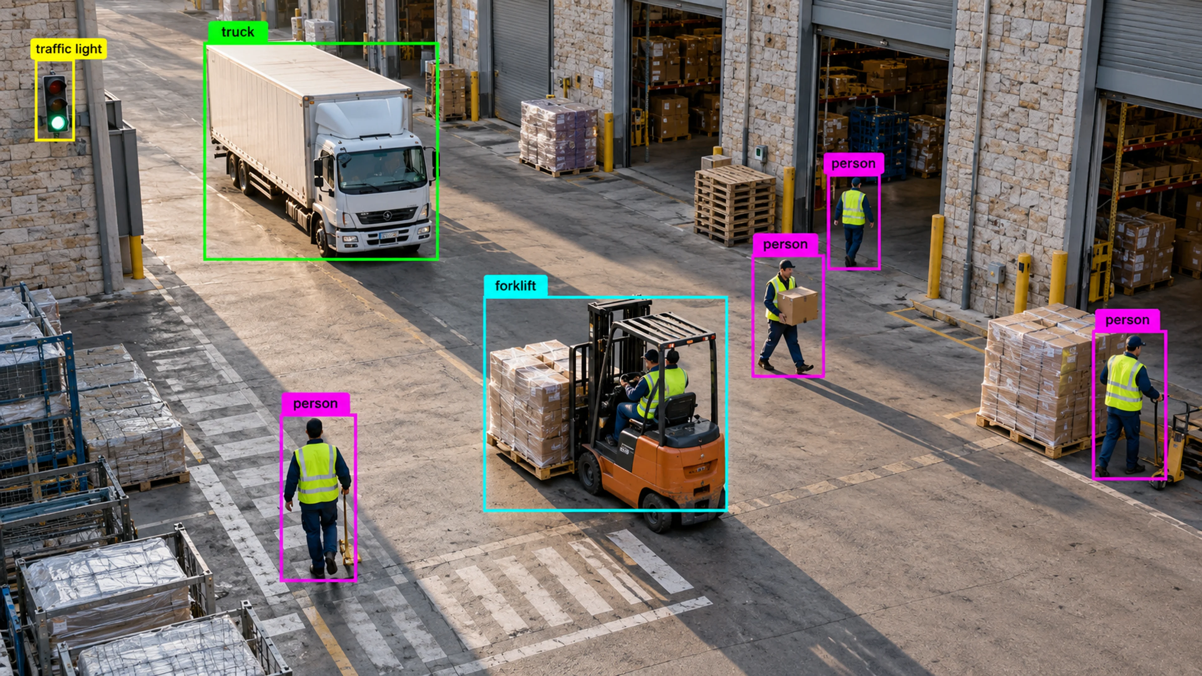 Warehouse loading area with workers, storage and a forklift. Illustrative object detections.