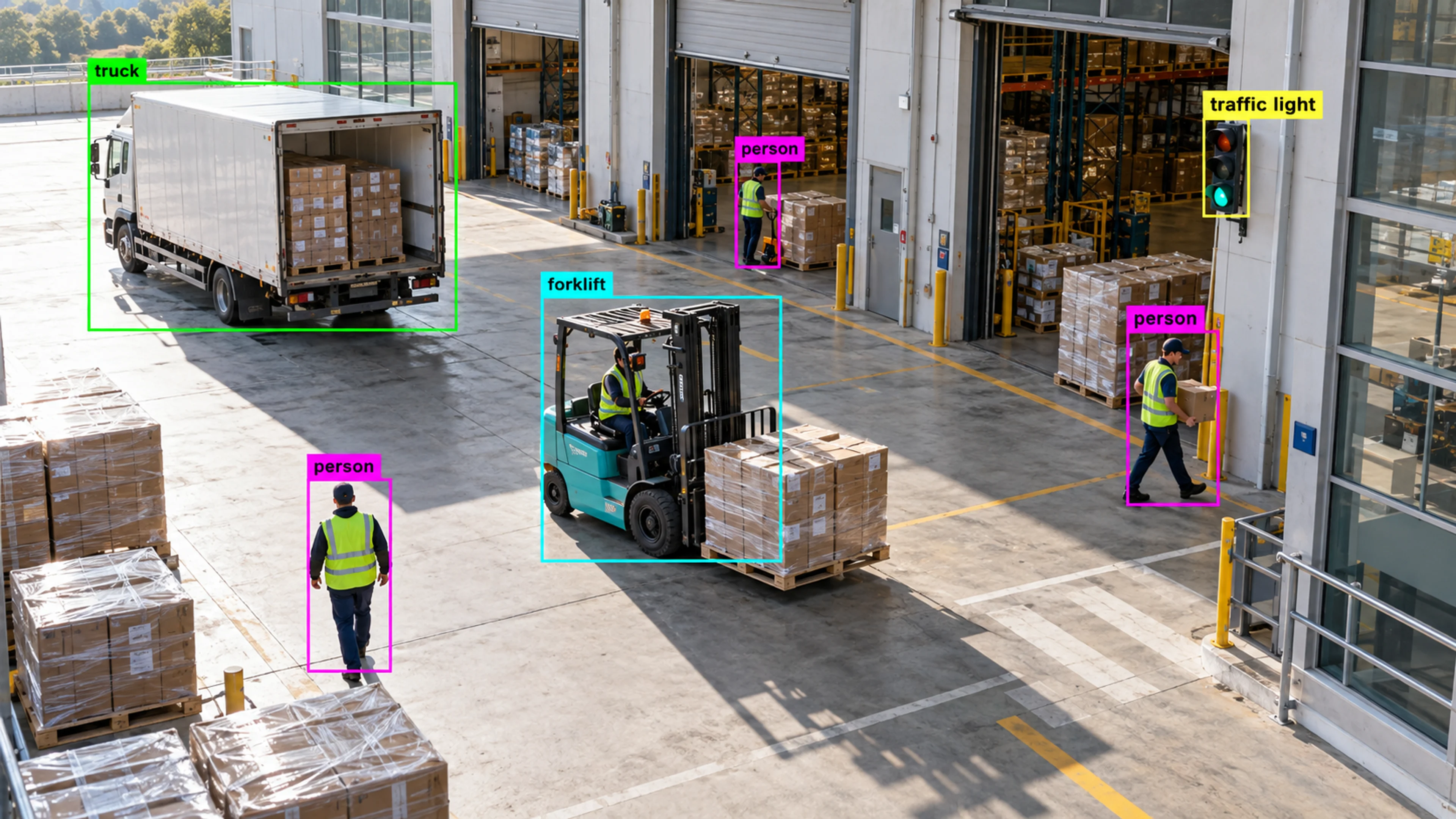 Warehouse loading area with workers, storage and a forklift. Illustrative object detections.