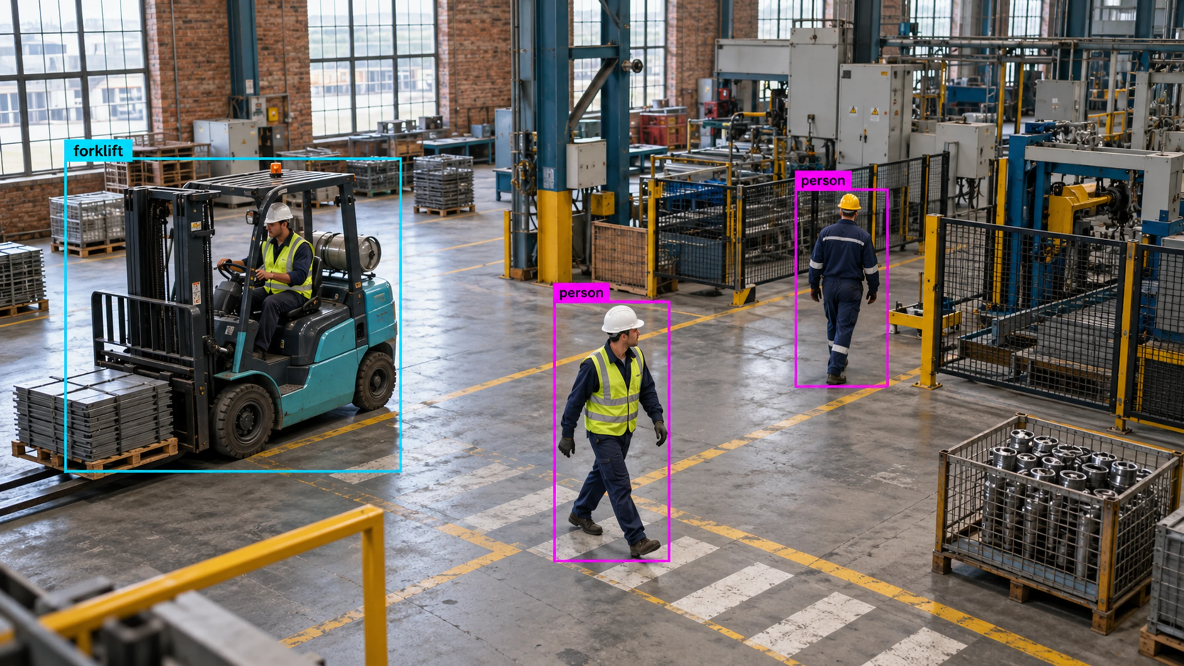 Factory production area with technicians and industrial machinery. Illustrative object detections.