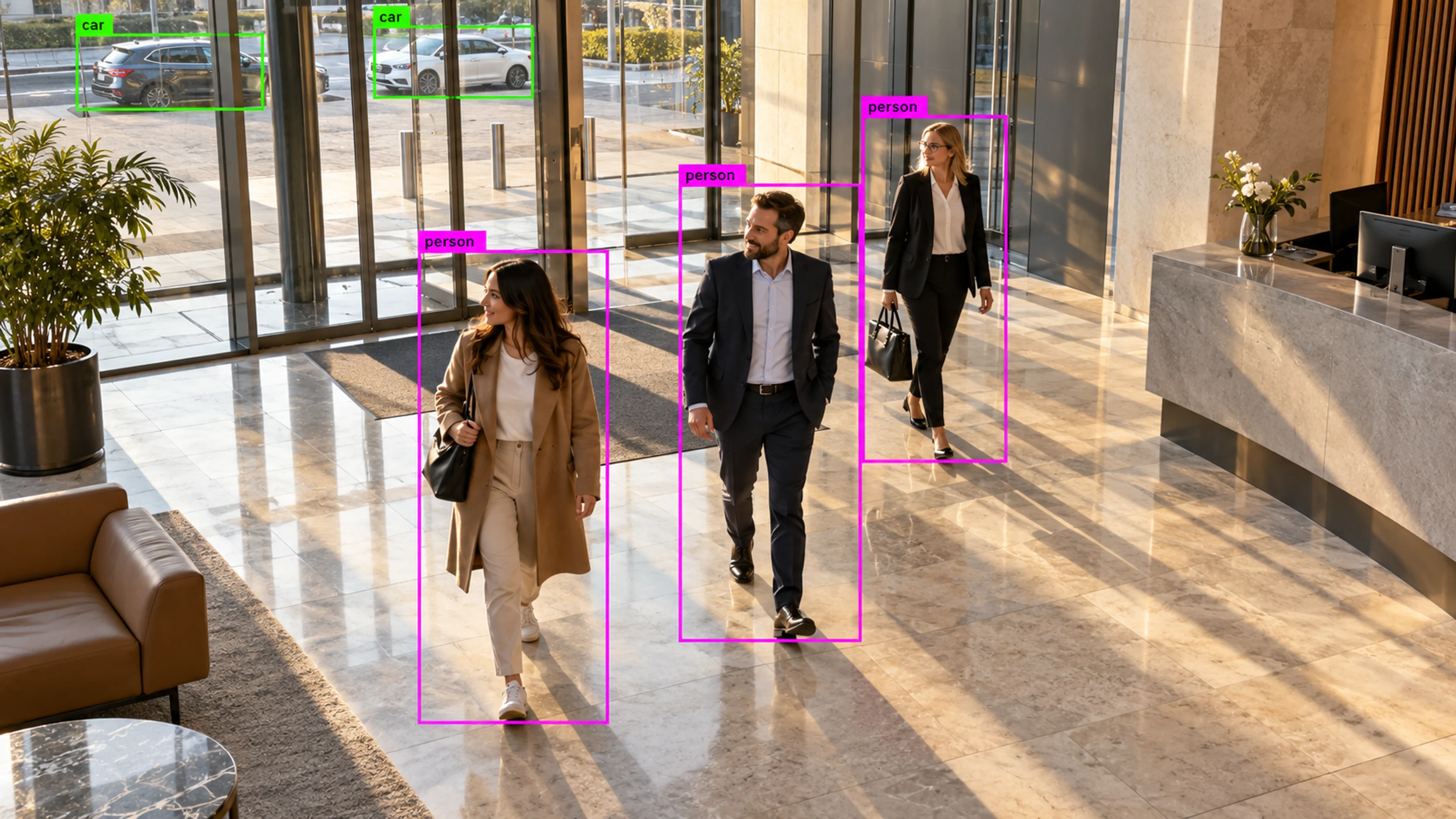 Commercial building circulation area with people walking through the entrance. Illustrative object detections.