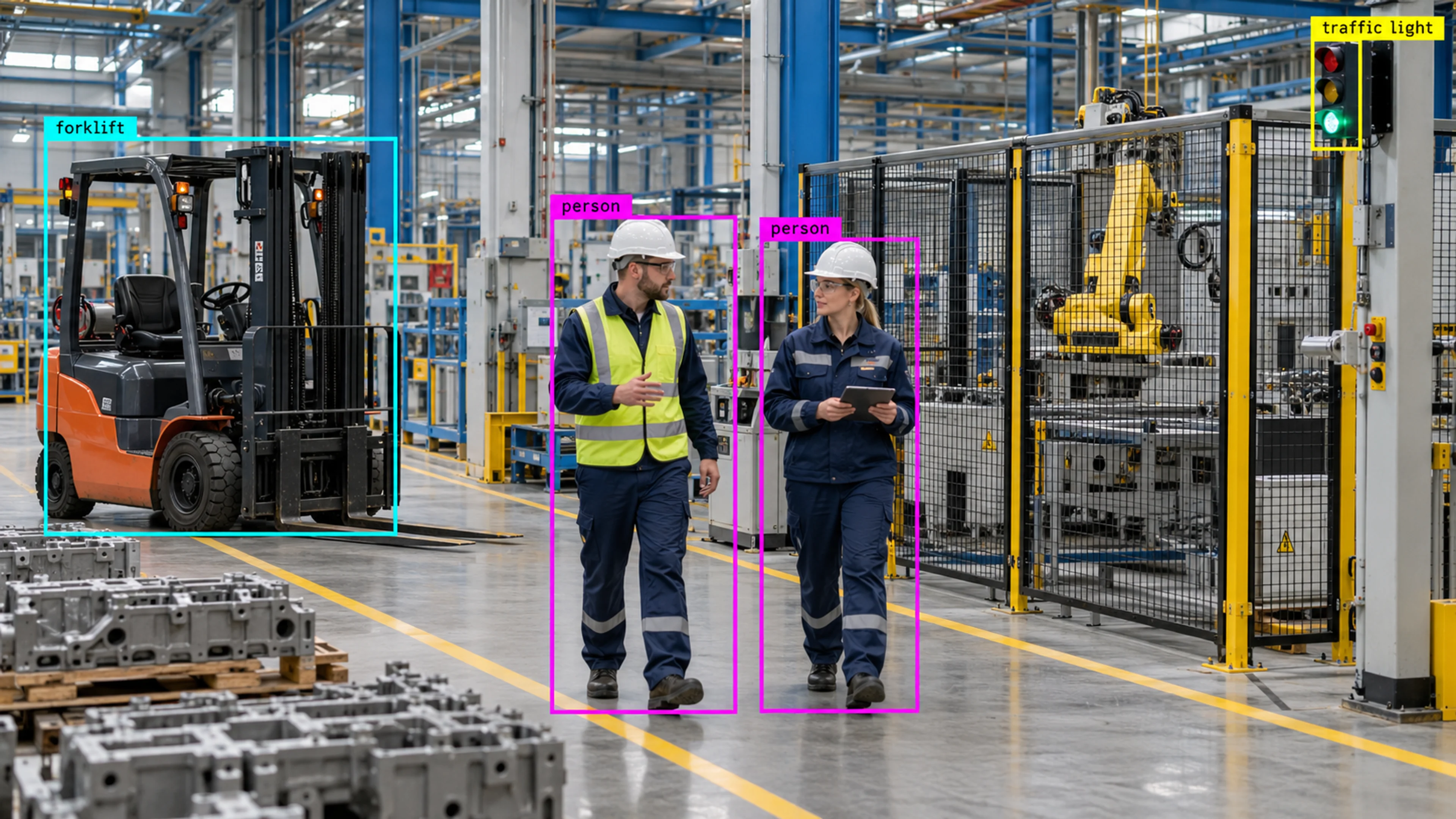 Factory production area with technicians and industrial machinery. Illustrative object detections.