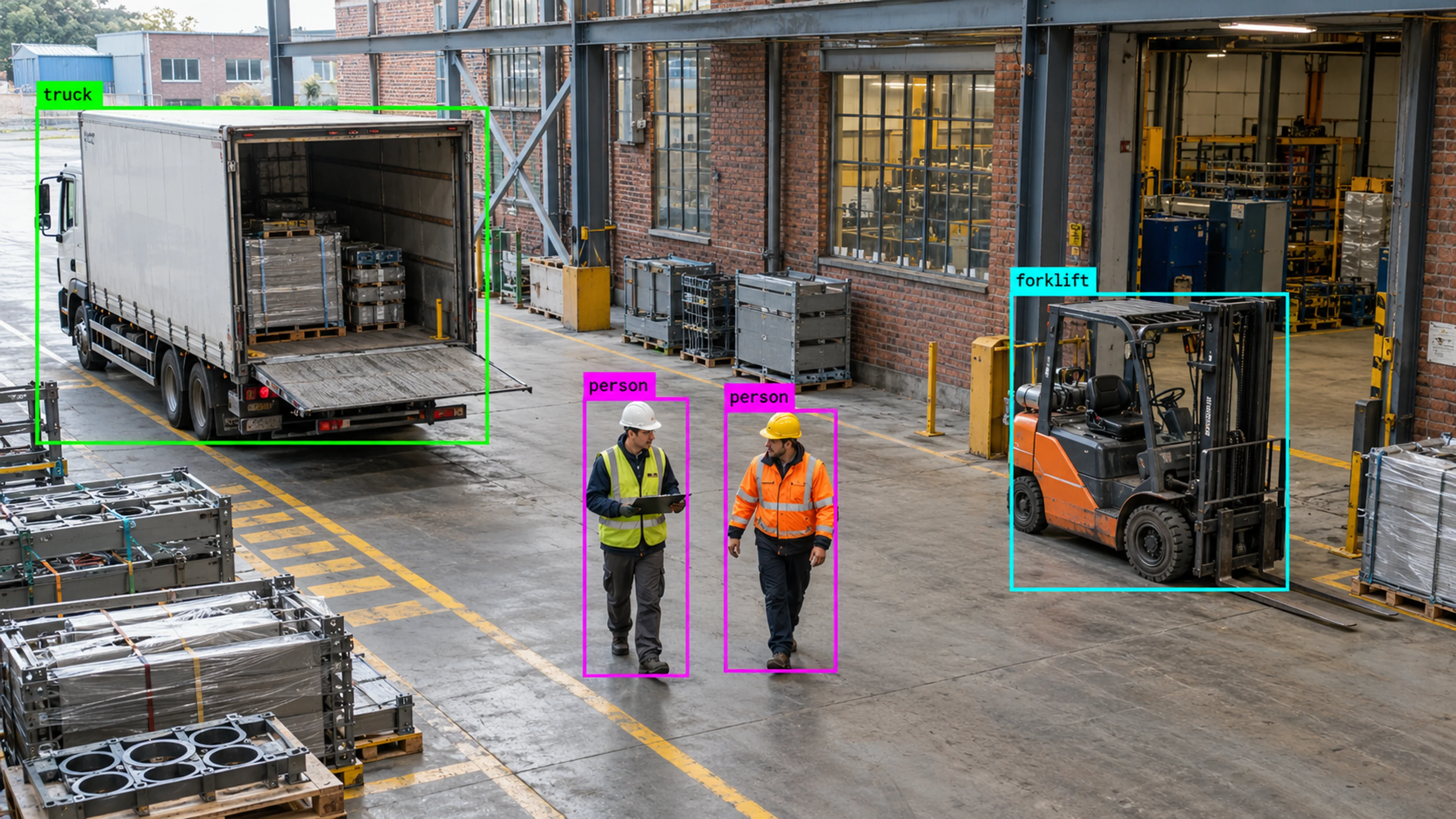 Factory production area with technicians and industrial machinery. Illustrative object detections.