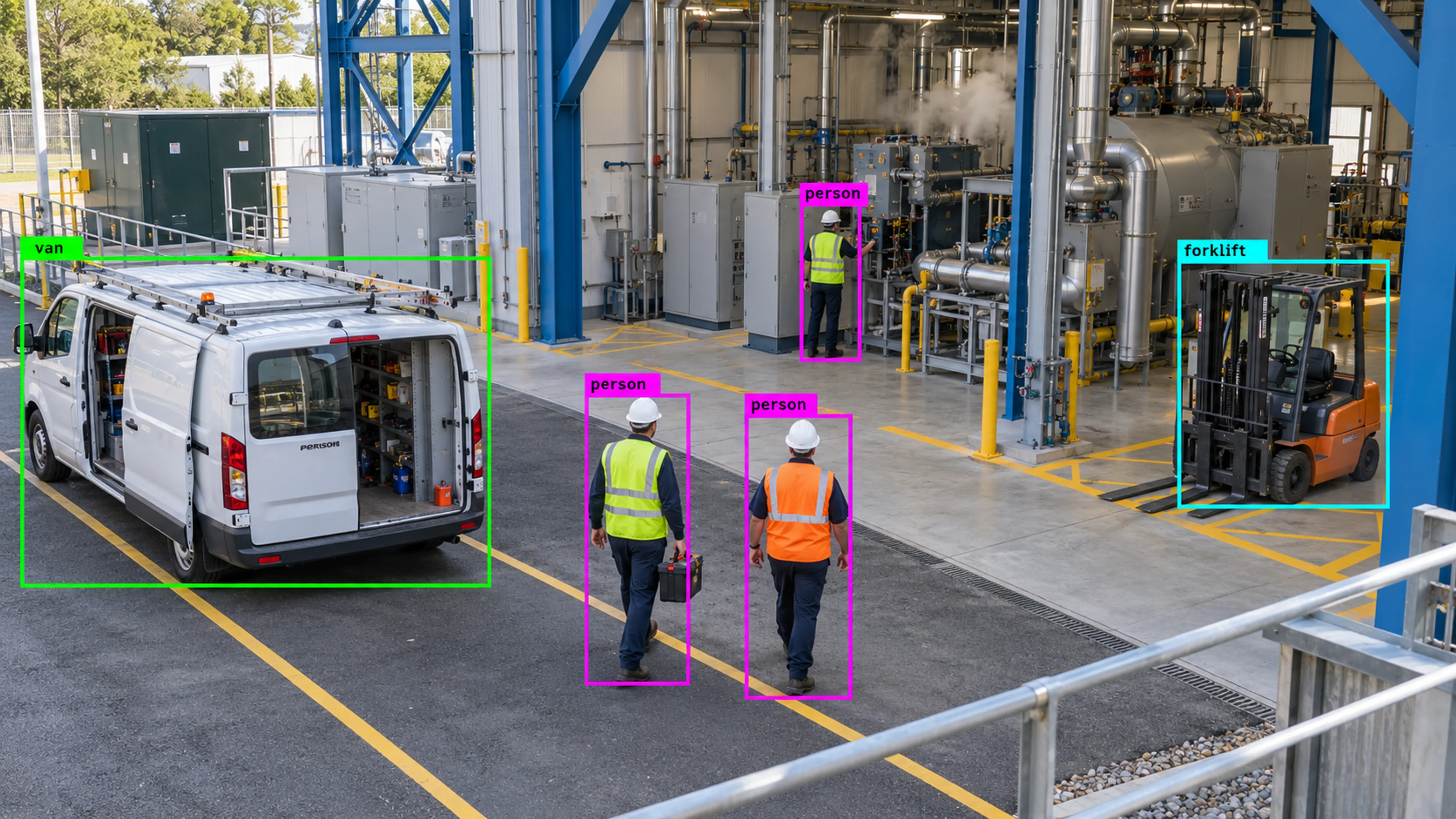 Energy facility with utility infrastructure and maintenance access. Illustrative object detections.