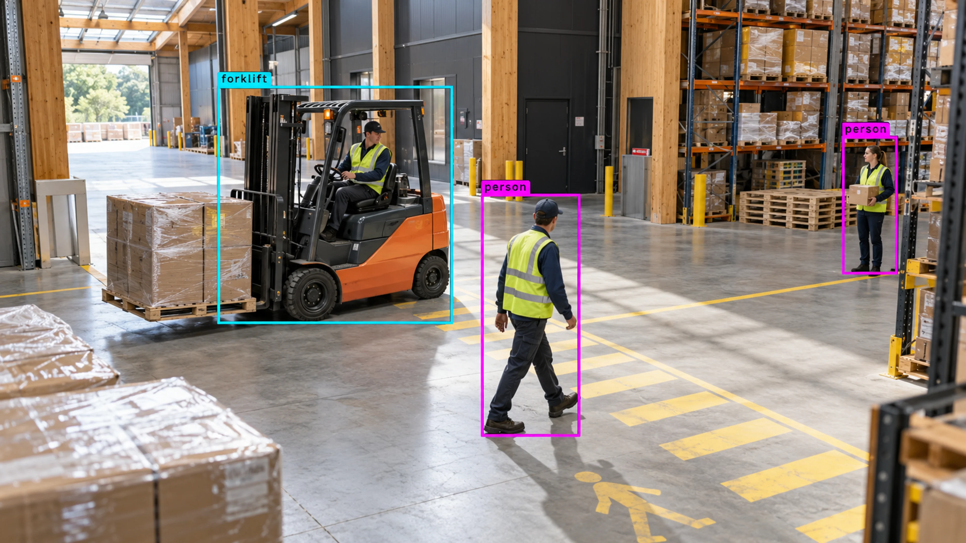 Warehouse loading area with workers, storage and a forklift. Illustrative object detections.