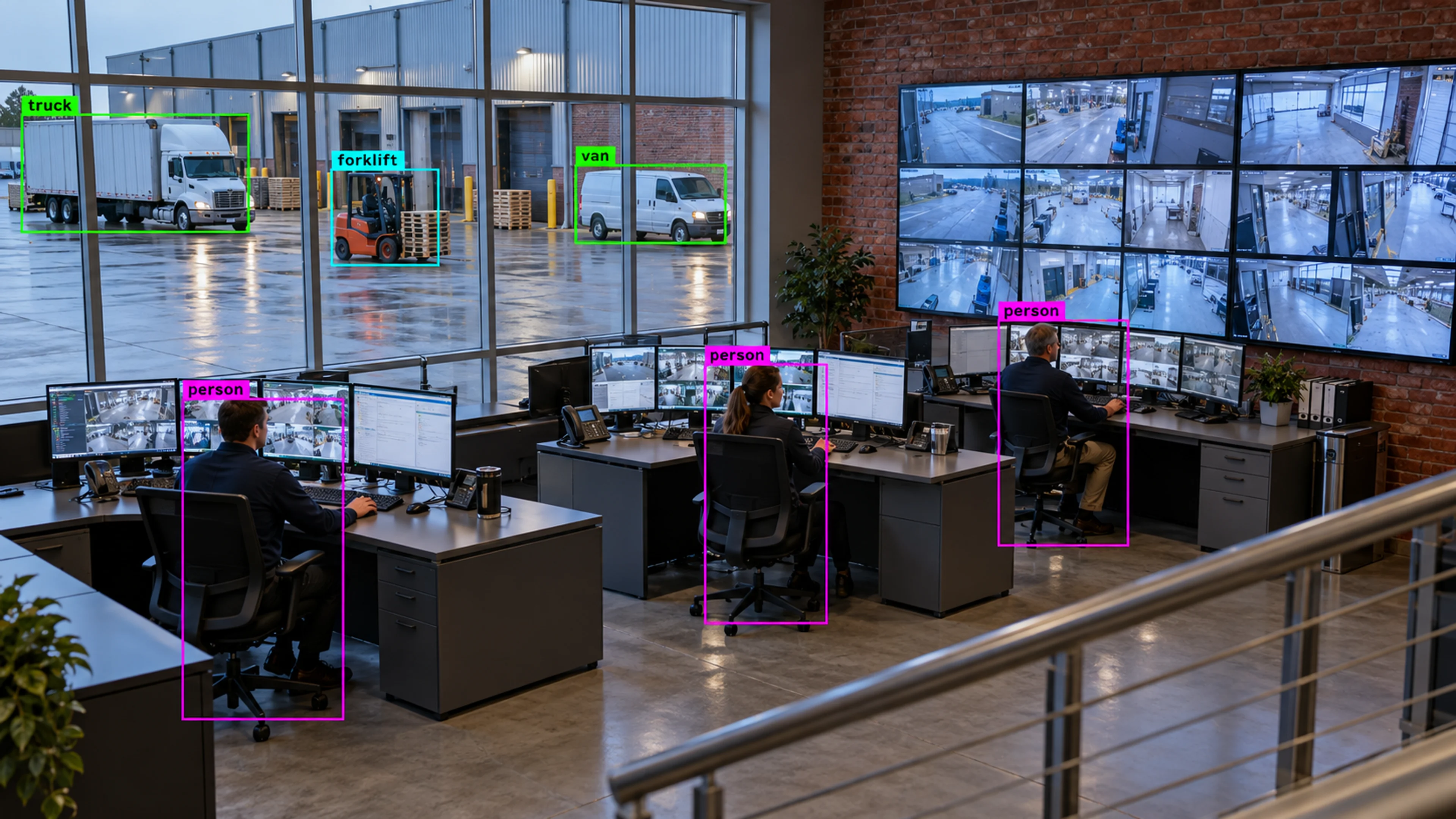 Operations staff reviewing camera views at monitoring workstations. Illustrative object detections.