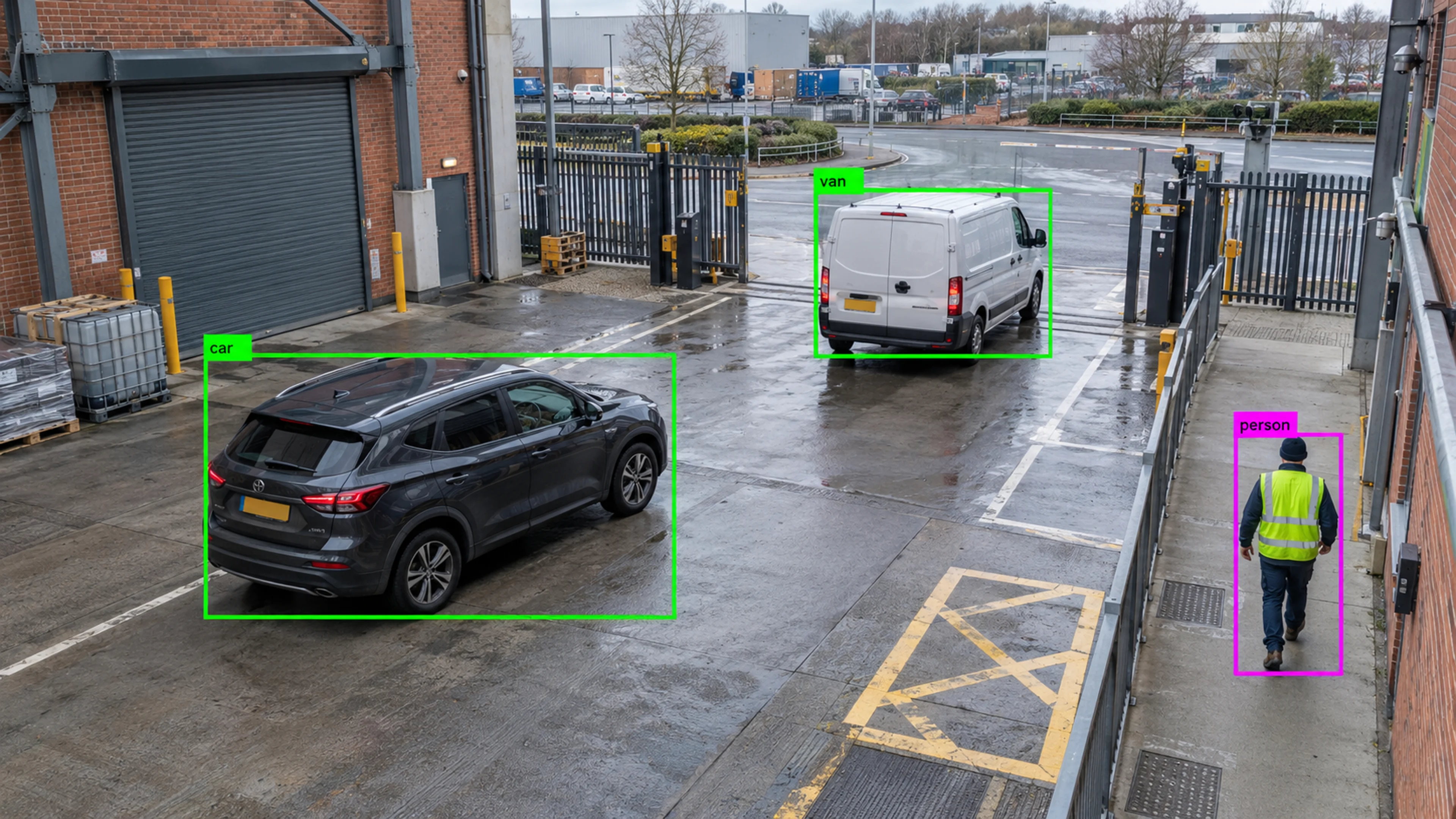 Vehicle access area with cars and a separate pedestrian route. Illustrative object detections.
