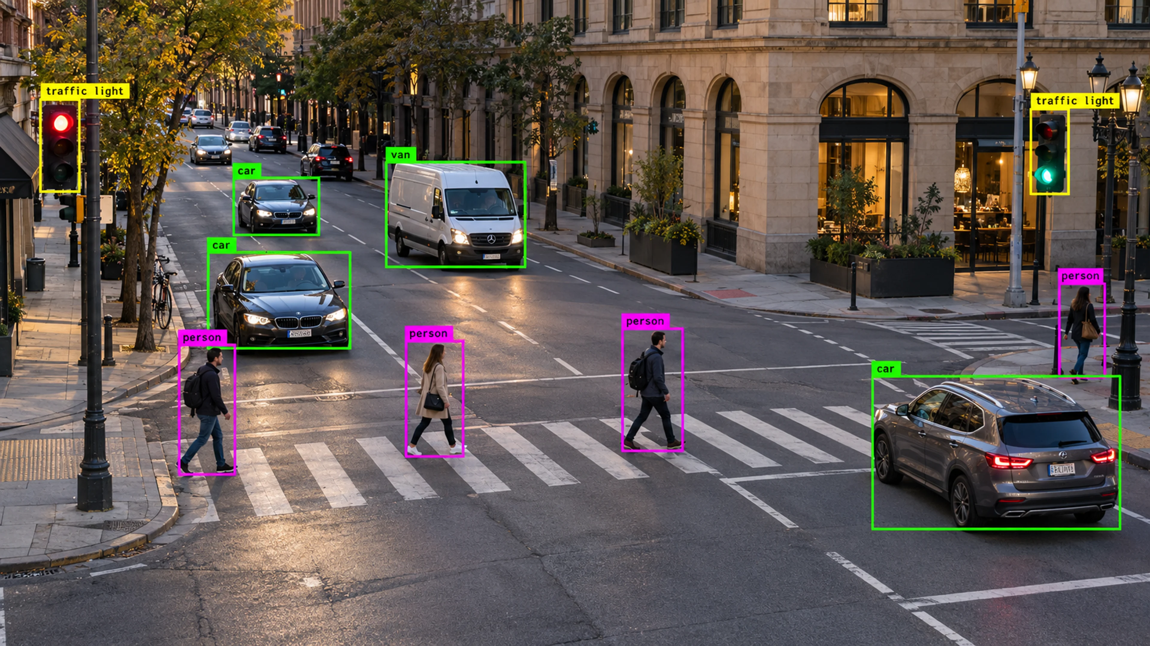 Urban intersection with vehicles, pedestrians and traffic lights. Illustrative object detections.