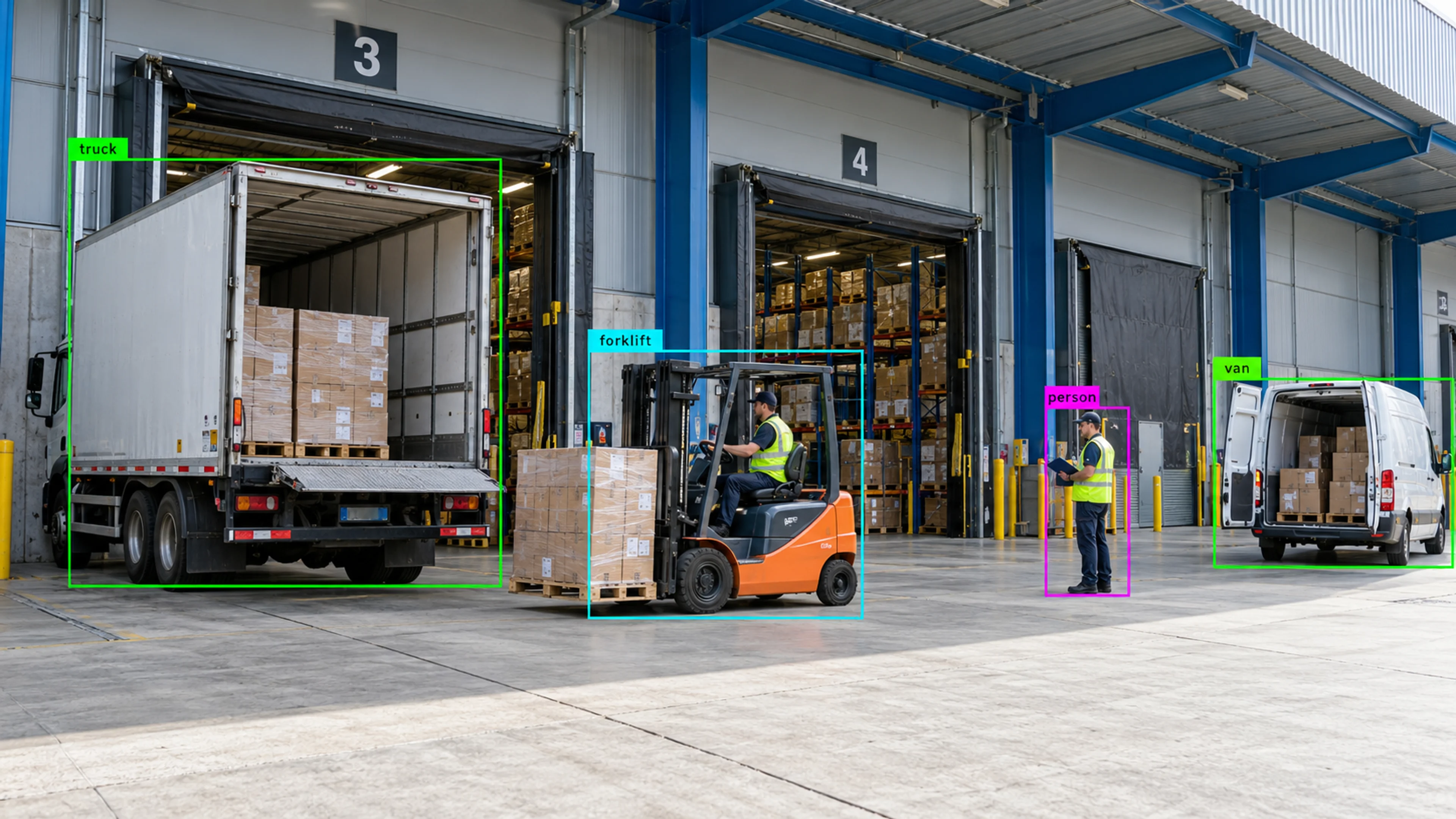 Warehouse loading area with workers, storage and a forklift. Illustrative object detections.