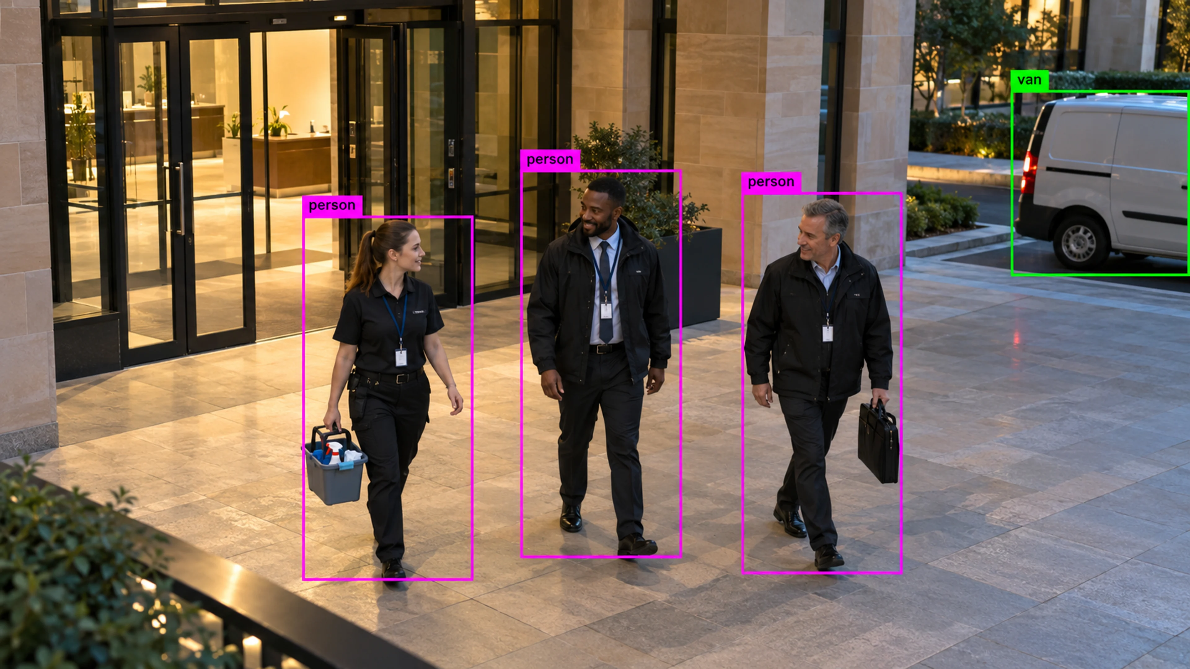 Commercial building circulation area with people walking through the entrance. Illustrative object detections.