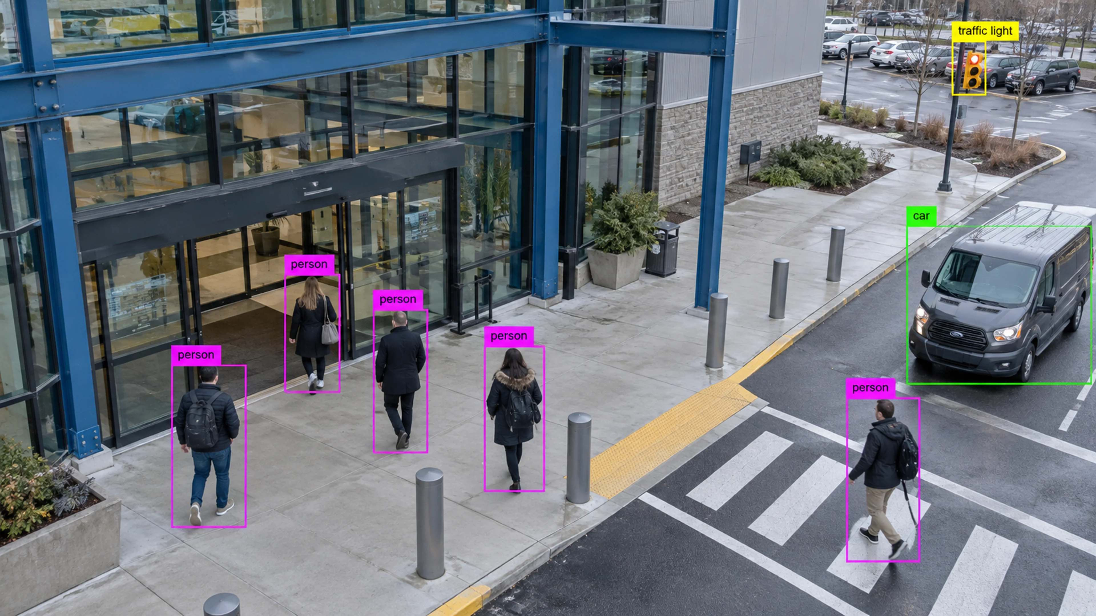 Commercial building circulation area with people walking through the entrance. Illustrative object detections.