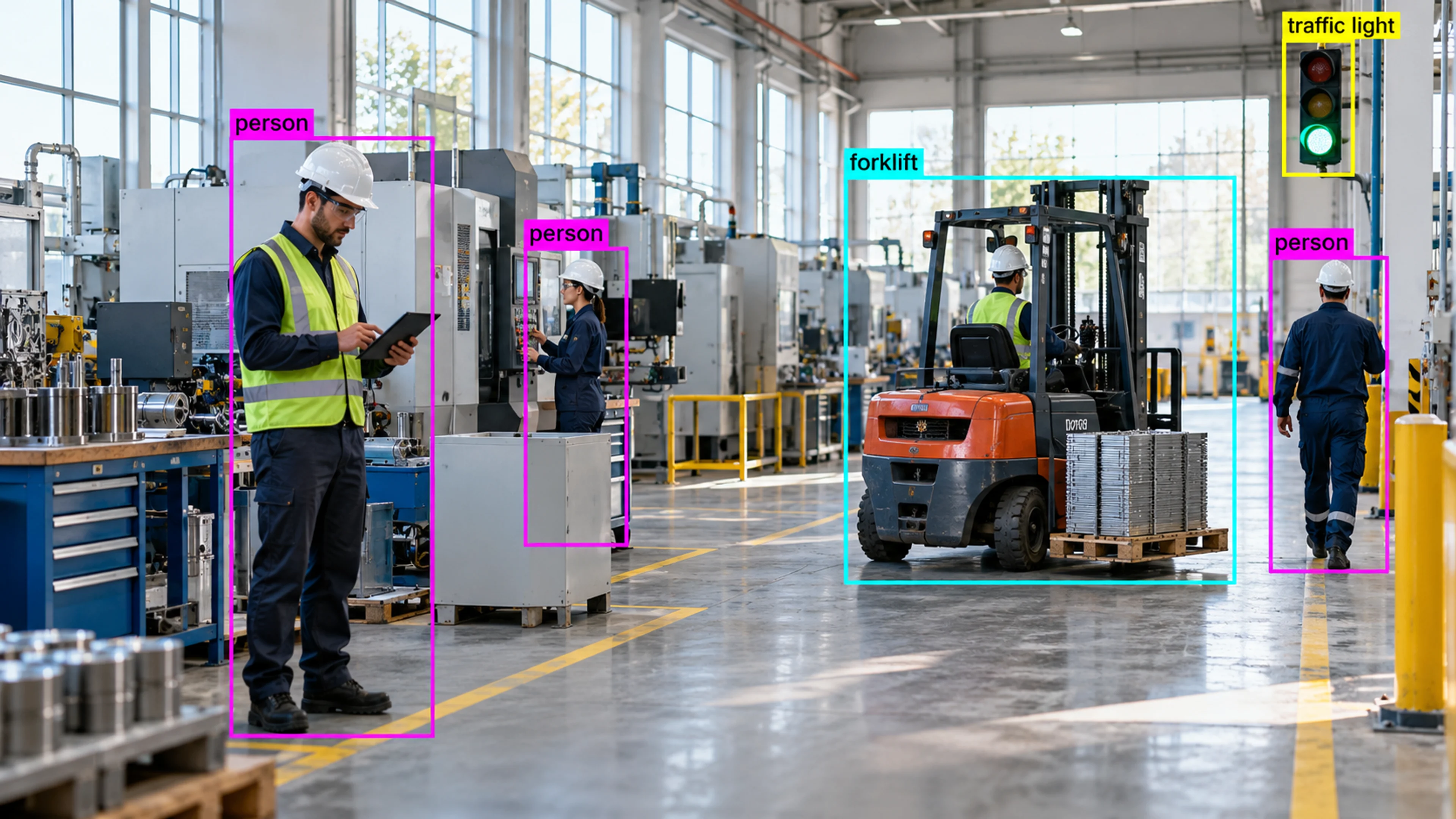 Factory production area with technicians and industrial machinery. Illustrative object detections.