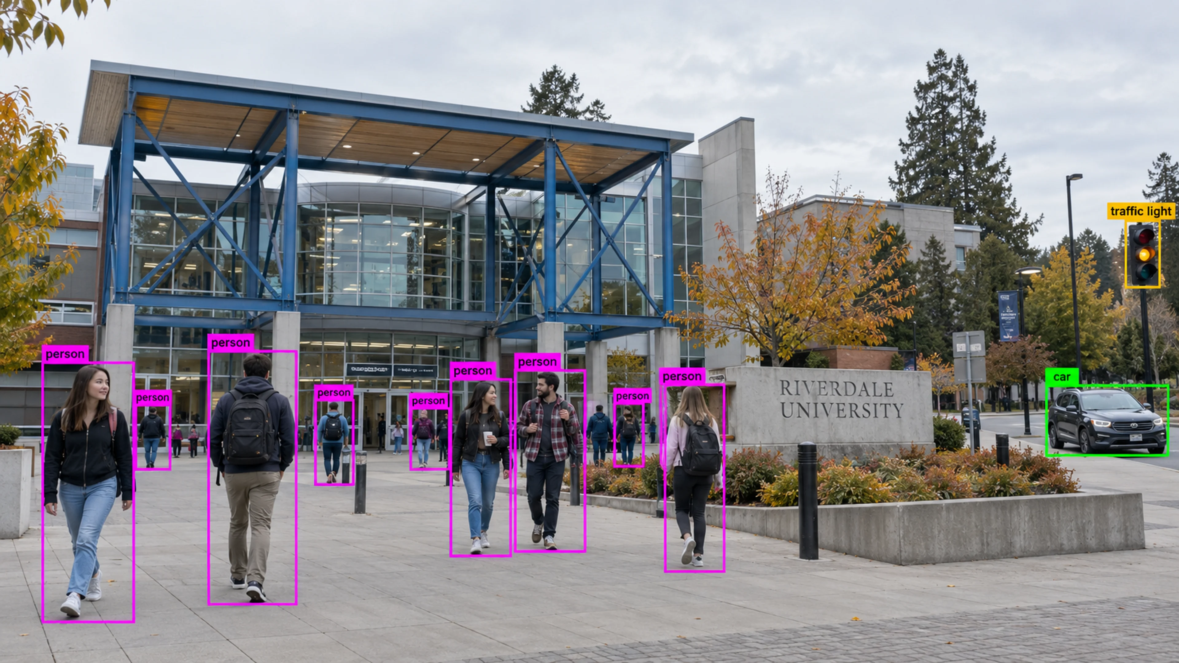 University campus shared area with adult students. Illustrative object detections.