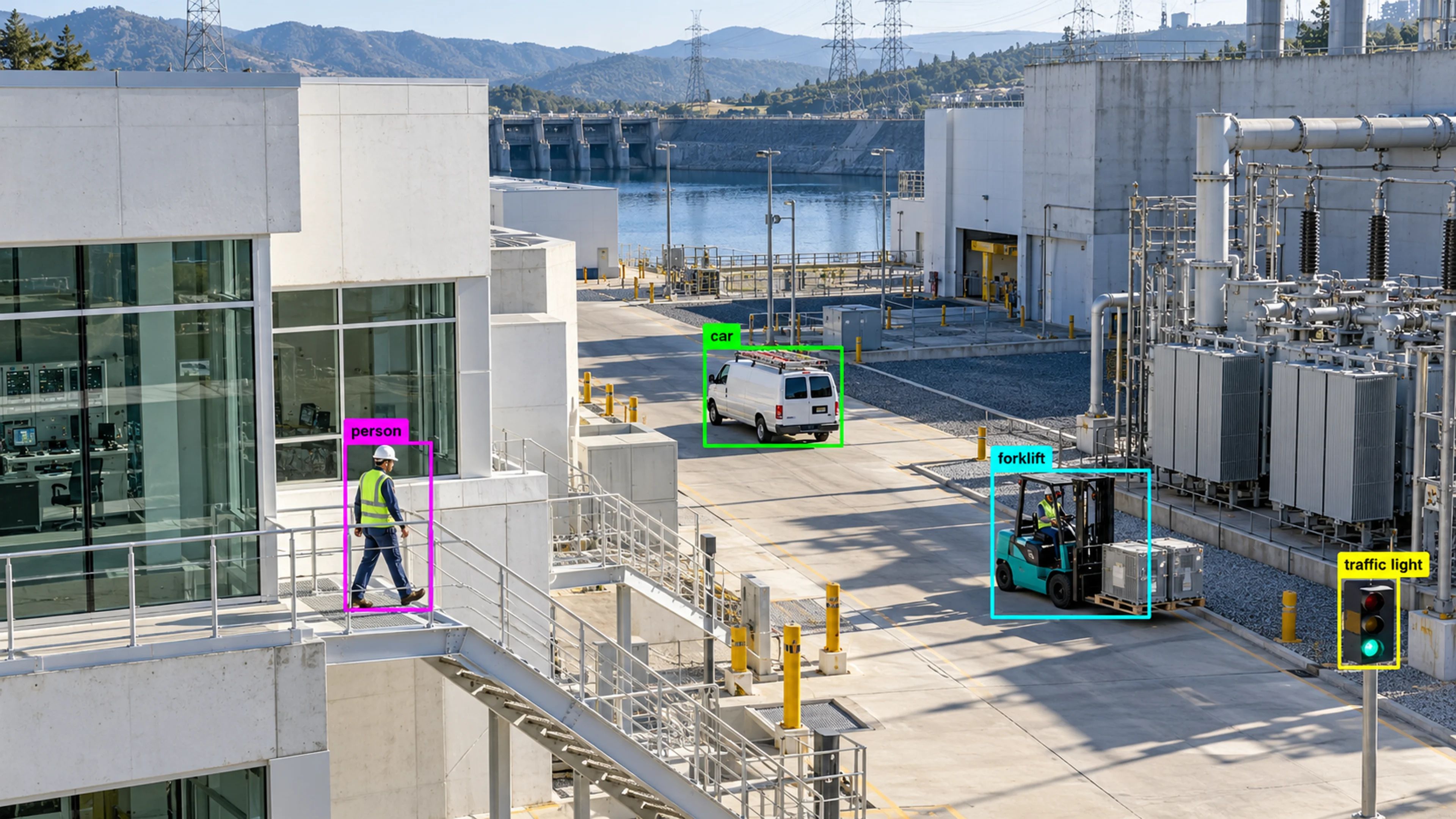 Energy facility with utility infrastructure and maintenance access. Illustrative object detections.