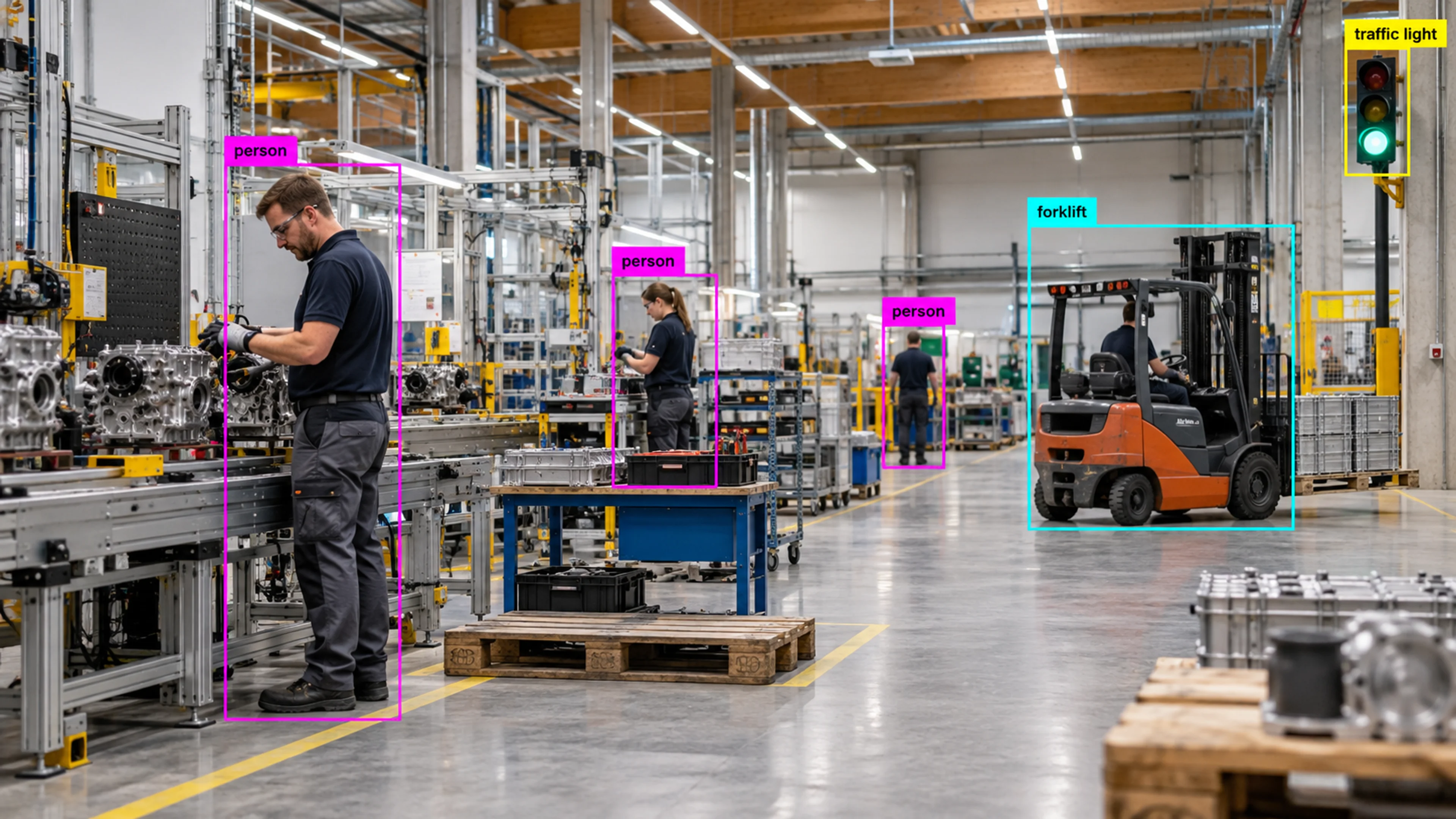 Factory production area with technicians and industrial machinery. Illustrative object detections.