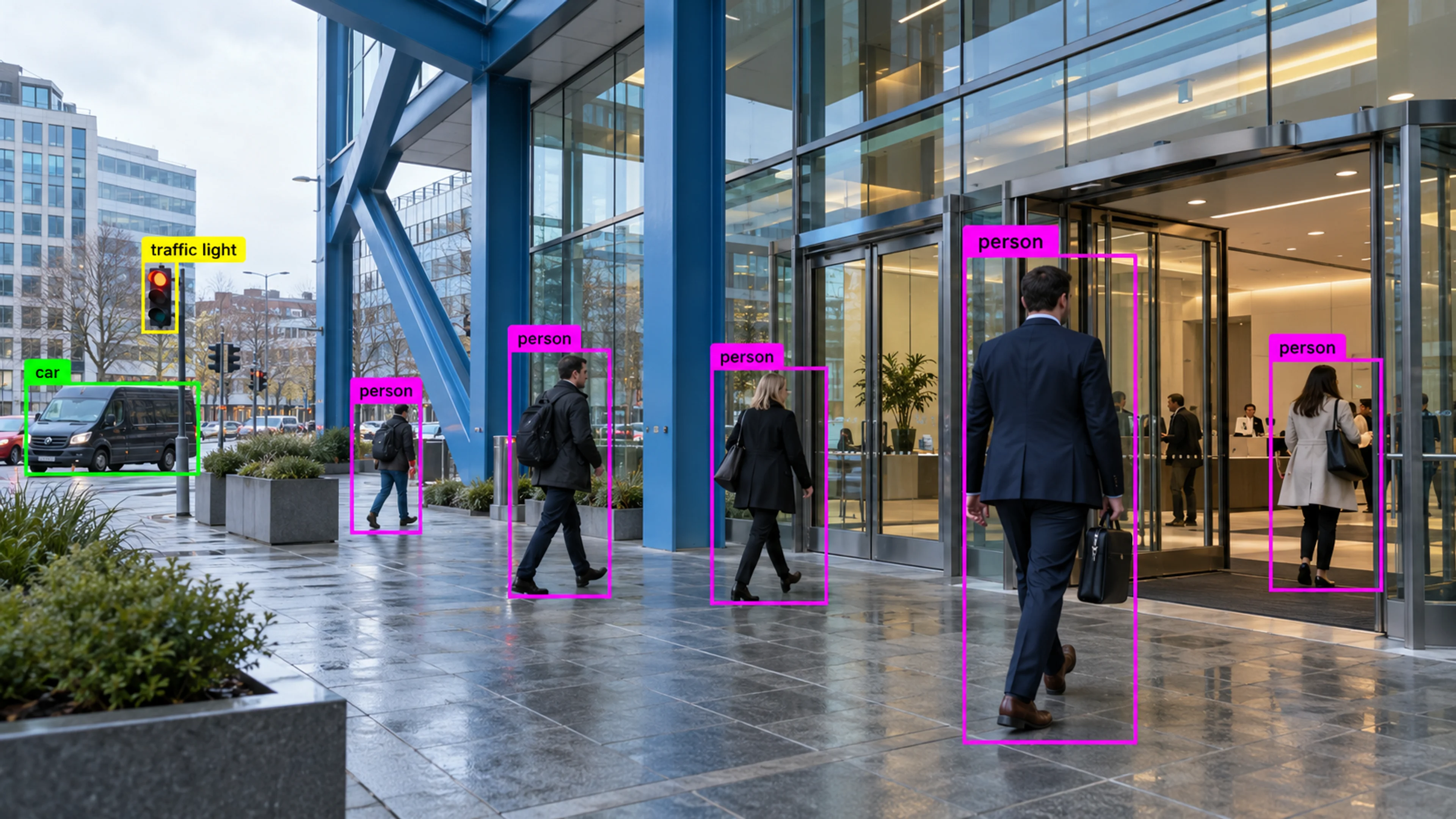 Commercial building circulation area with people walking through the entrance. Illustrative object detections.