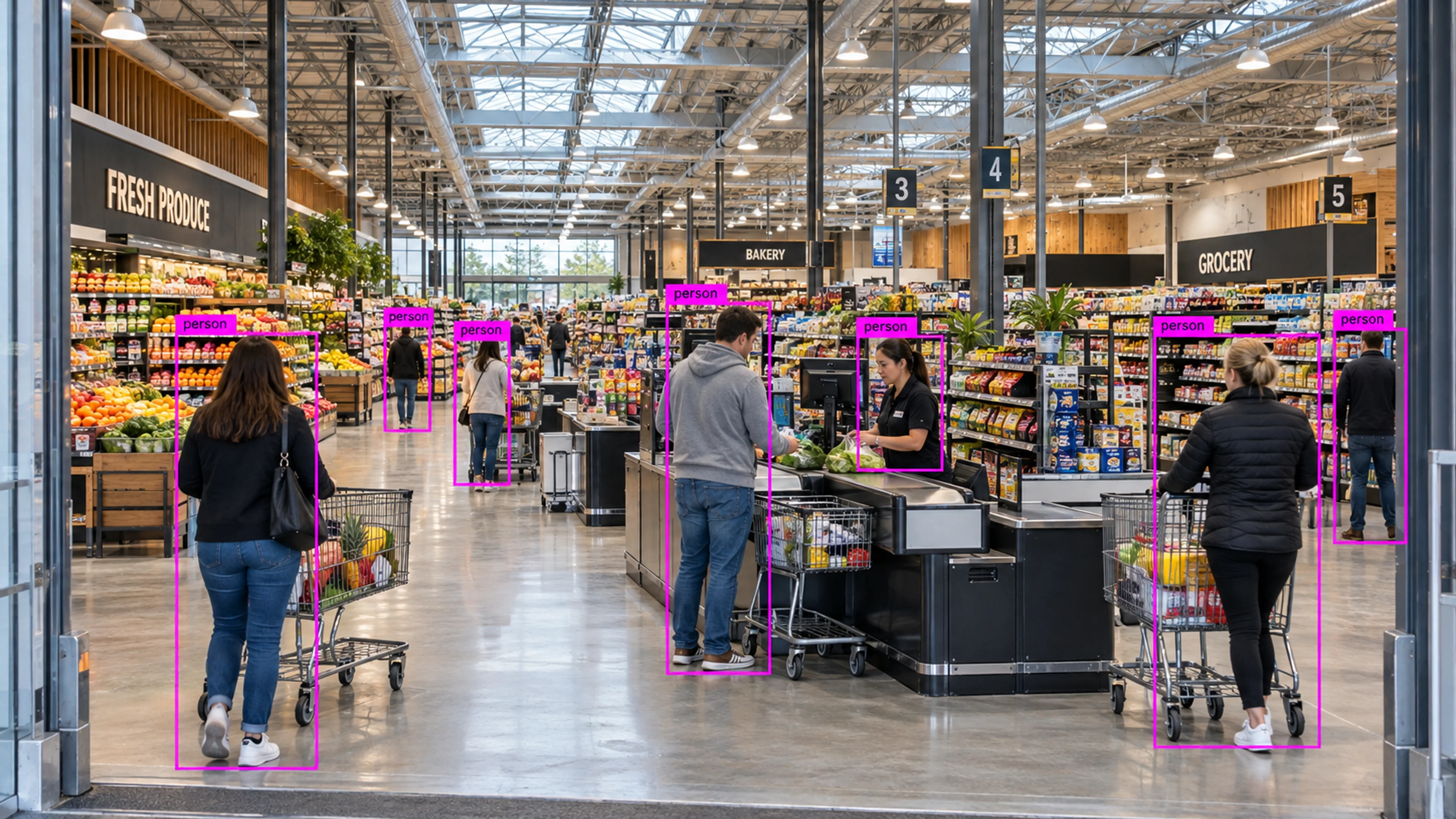 Retail store with shoppers near checkout and stocked aisles. Illustrative object detections.
