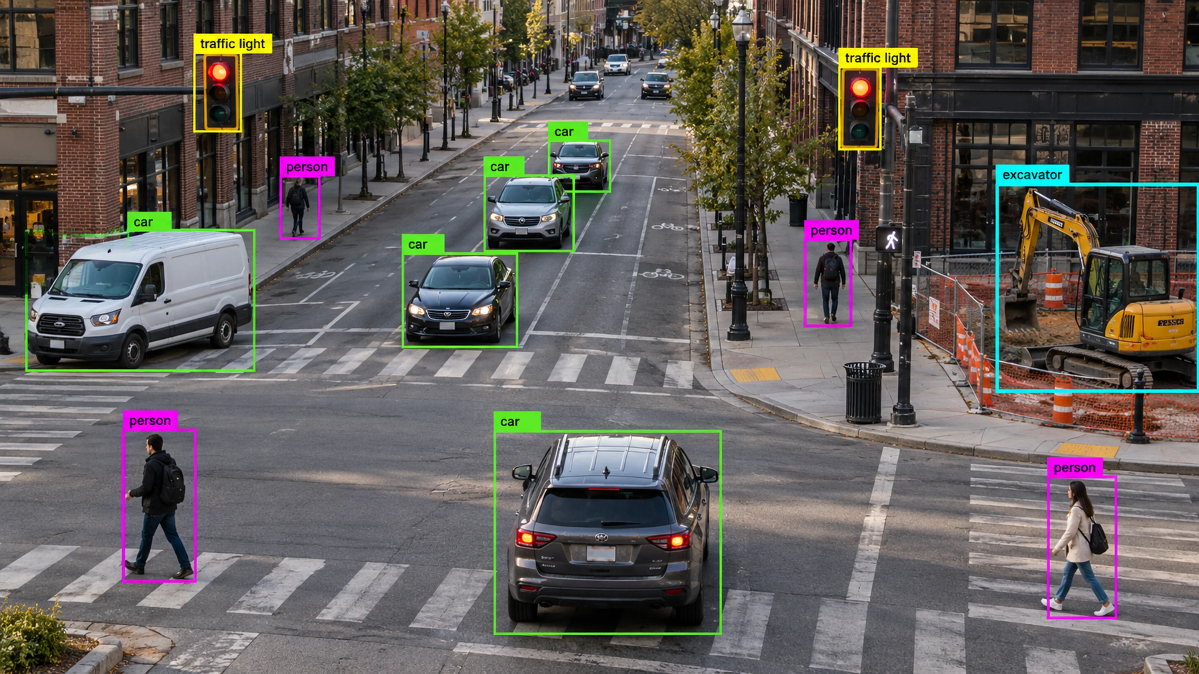 Urban intersection with vehicles, pedestrians and traffic lights. Illustrative object detections.