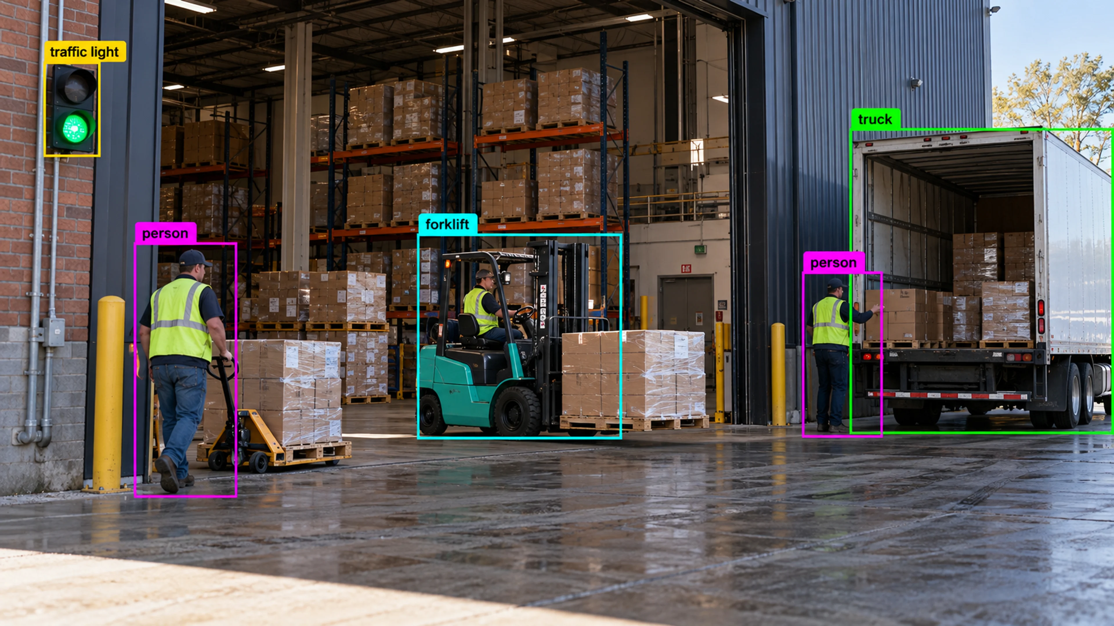 Warehouse loading area with workers, storage and a forklift. Illustrative object detections.