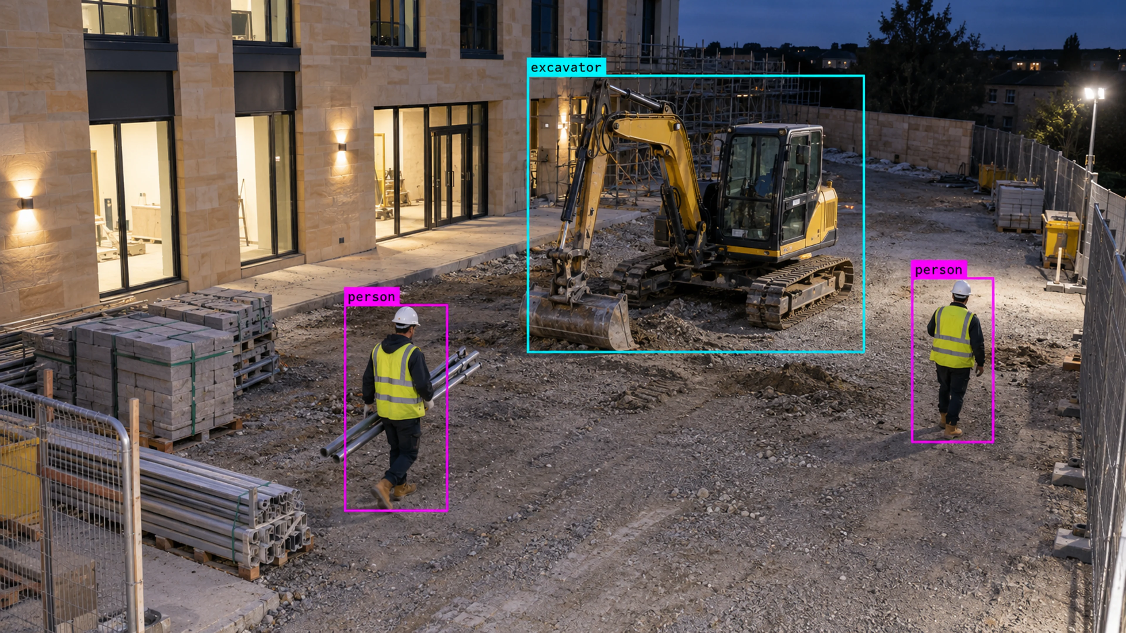 Construction site with workers, materials and heavy equipment. Illustrative object detections.