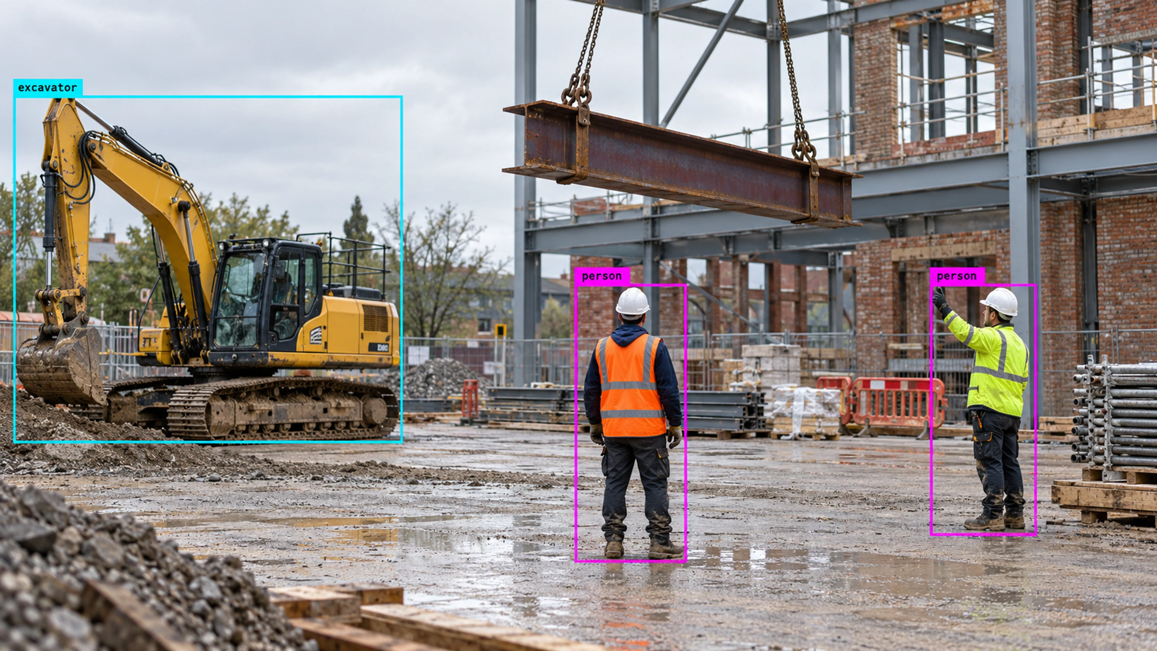 Construction site with workers, materials and heavy equipment. Illustrative object detections.
