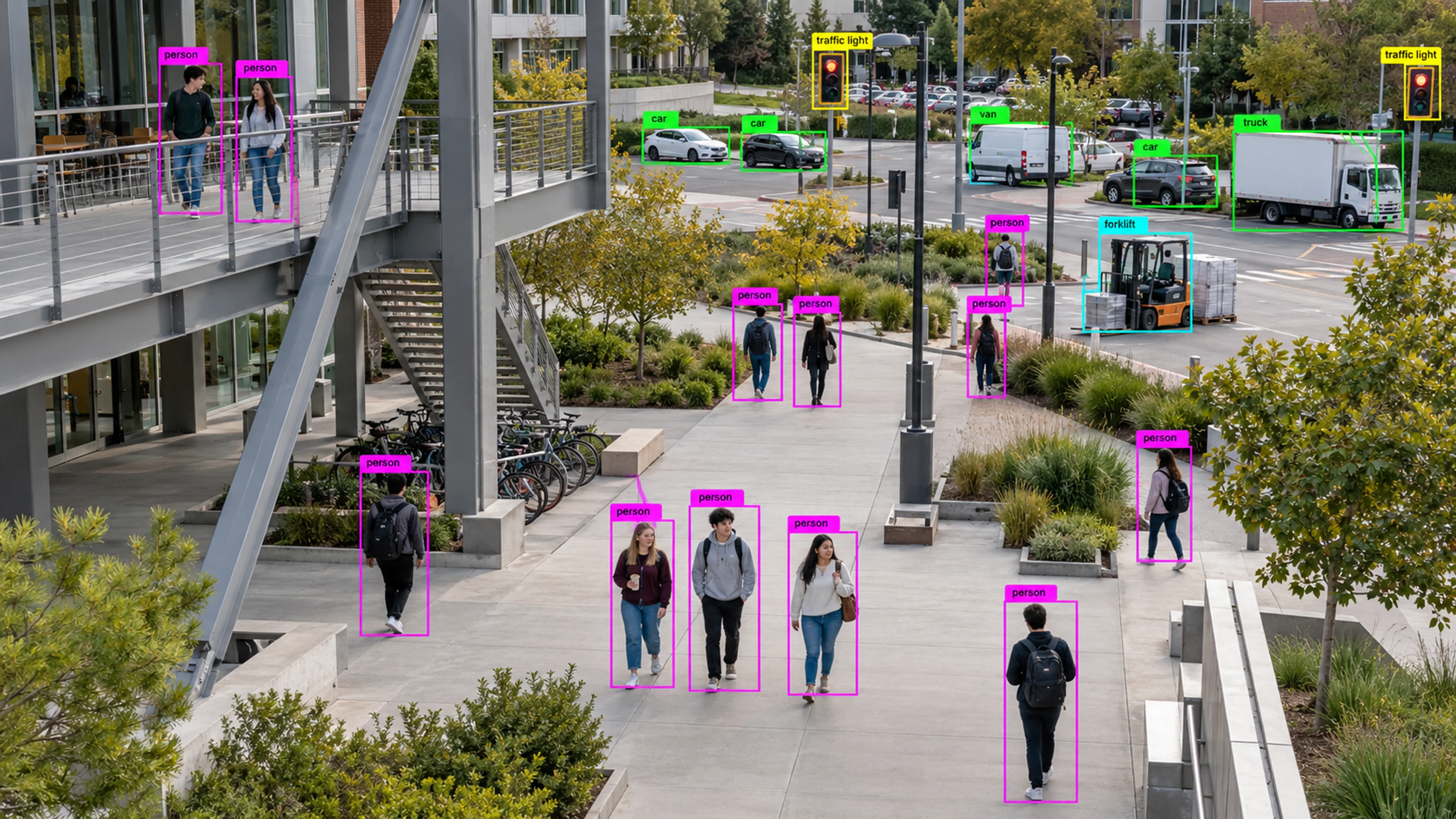University campus shared area with adult students. Illustrative object detections.