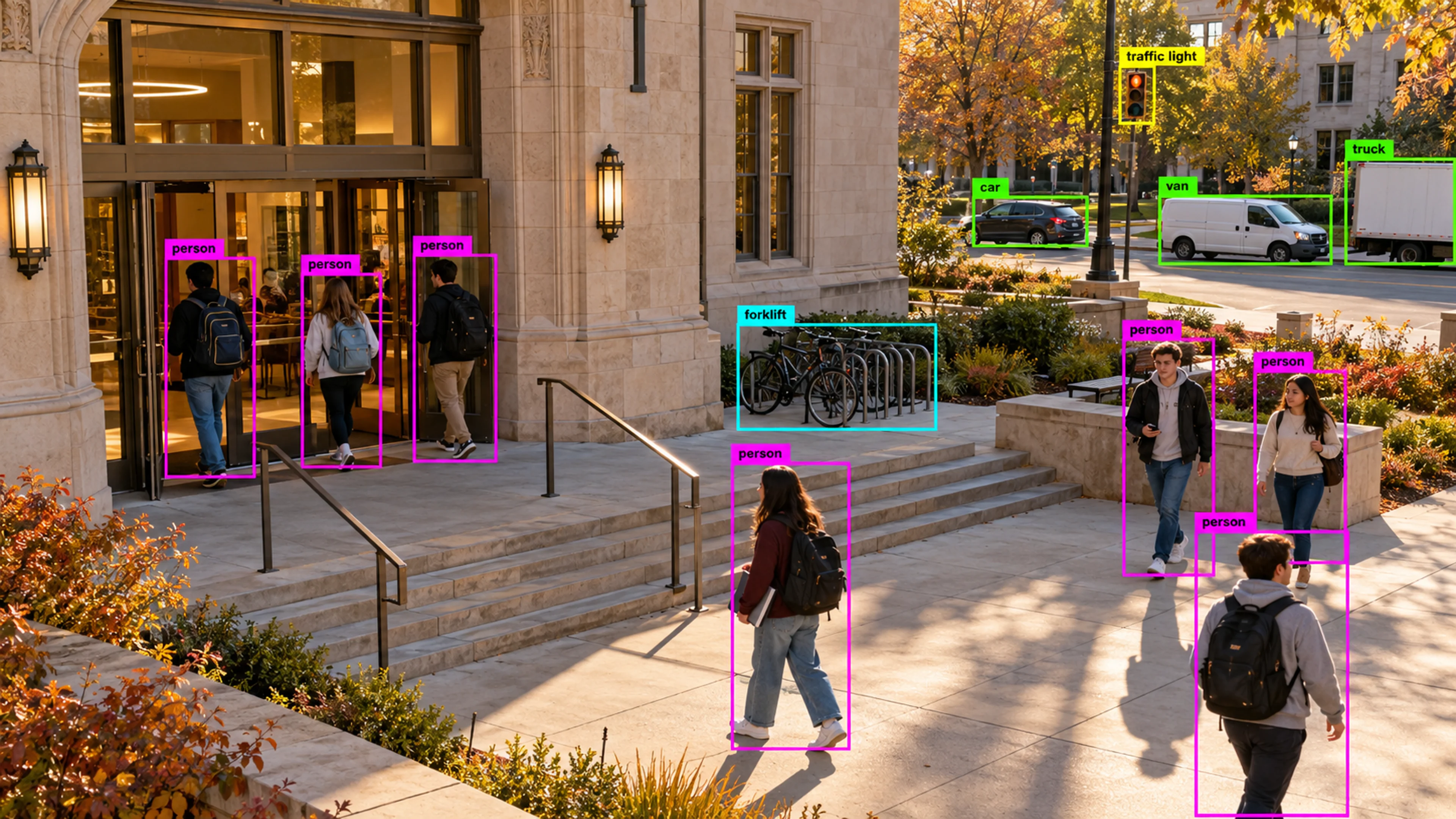 University campus shared area with adult students. Illustrative object detections.