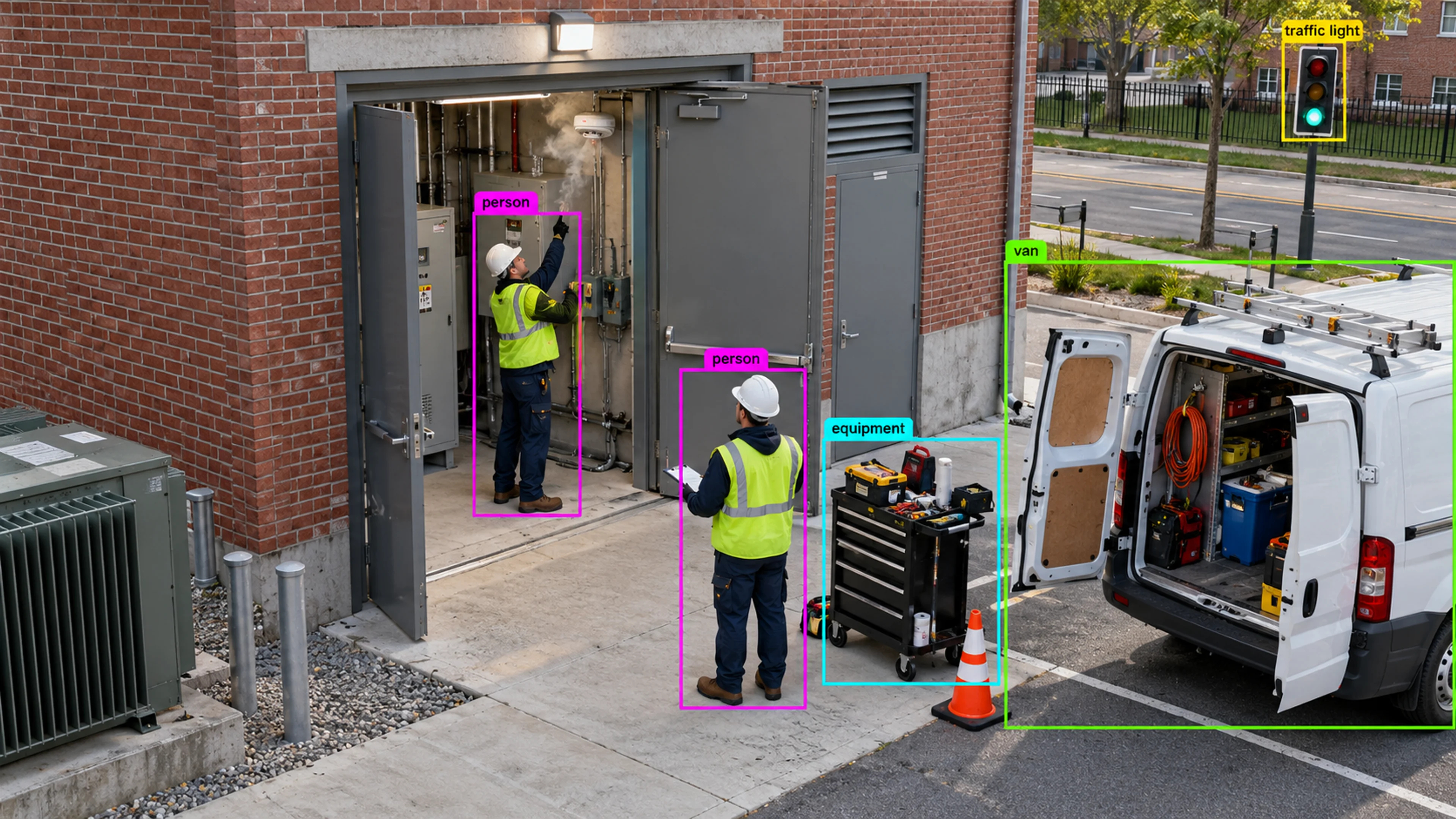 Energy facility with utility infrastructure and maintenance access. Illustrative object detections.