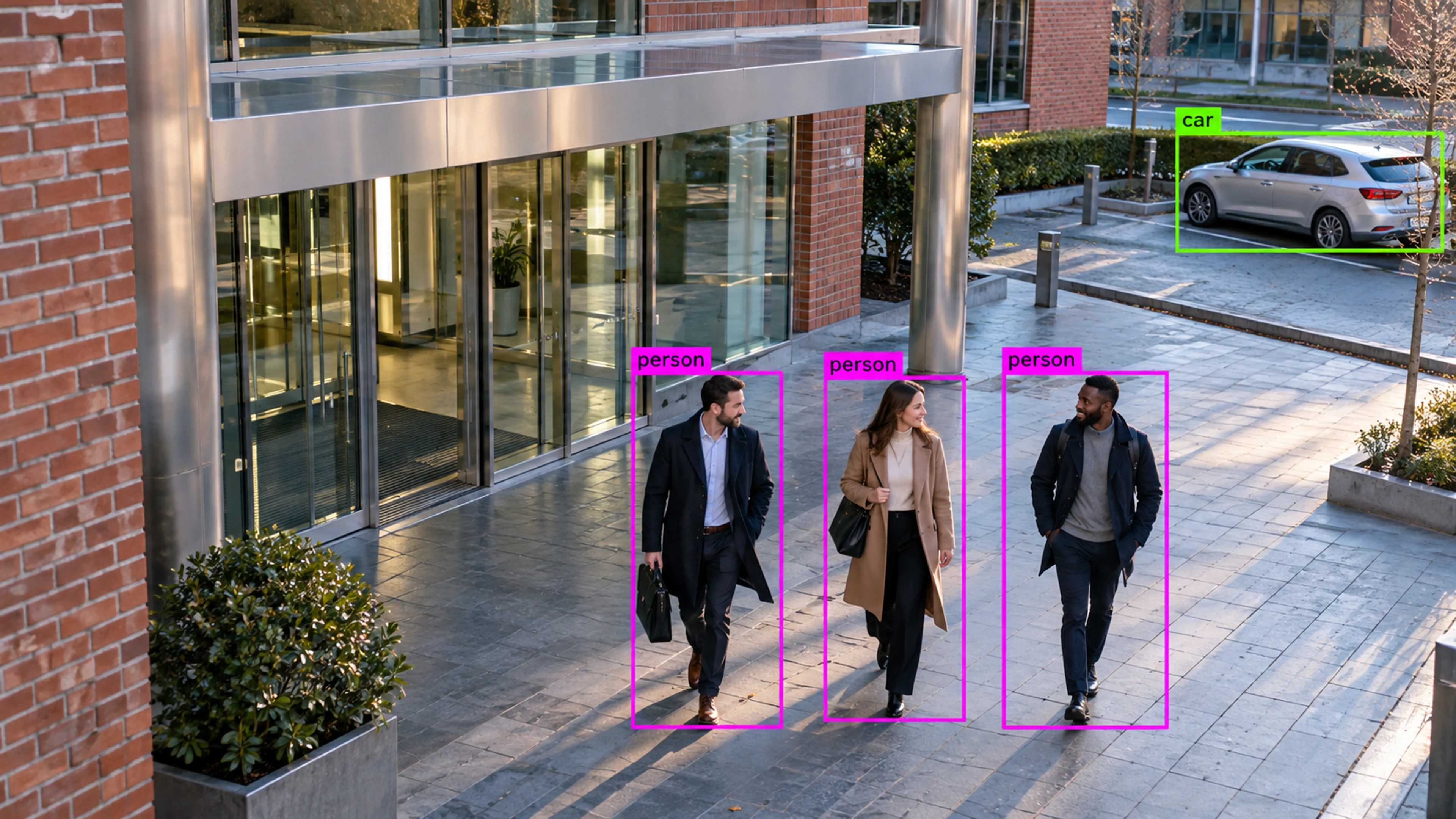 Commercial building circulation area with people walking through the entrance. Illustrative object detections.