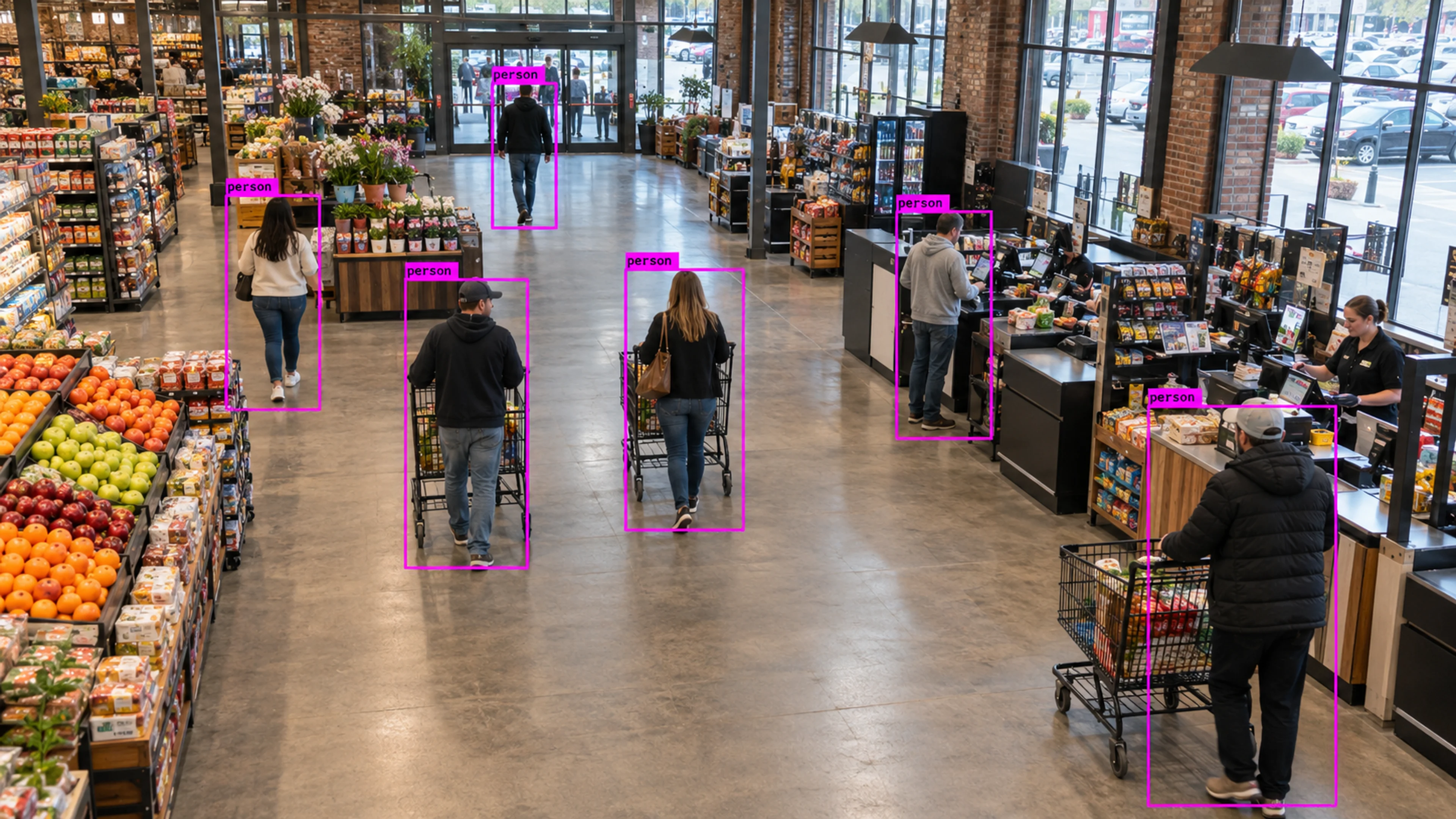 Retail store with shoppers near checkout and stocked aisles. Illustrative object detections.