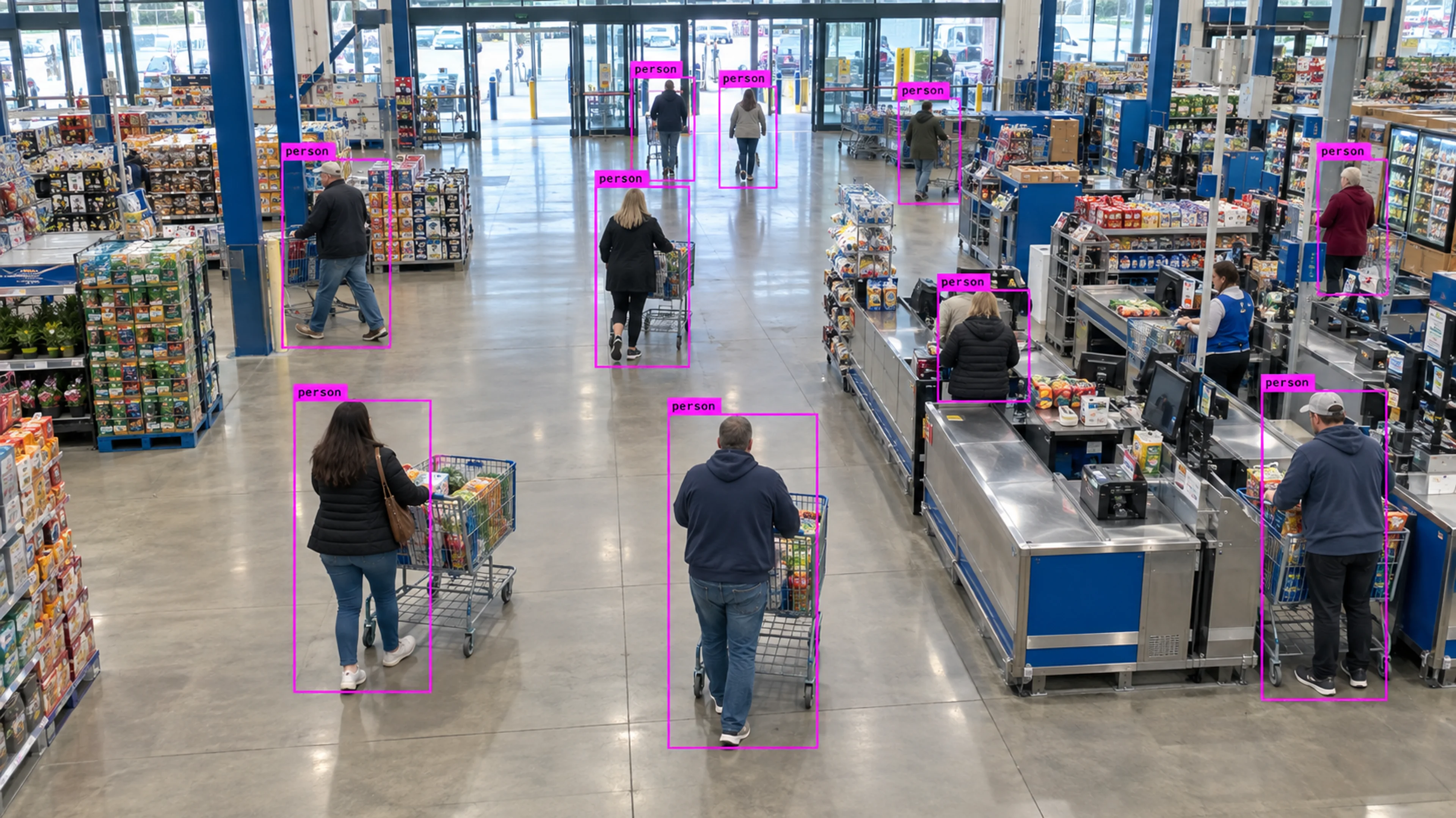 Retail store with shoppers near checkout and stocked aisles. Illustrative object detections.