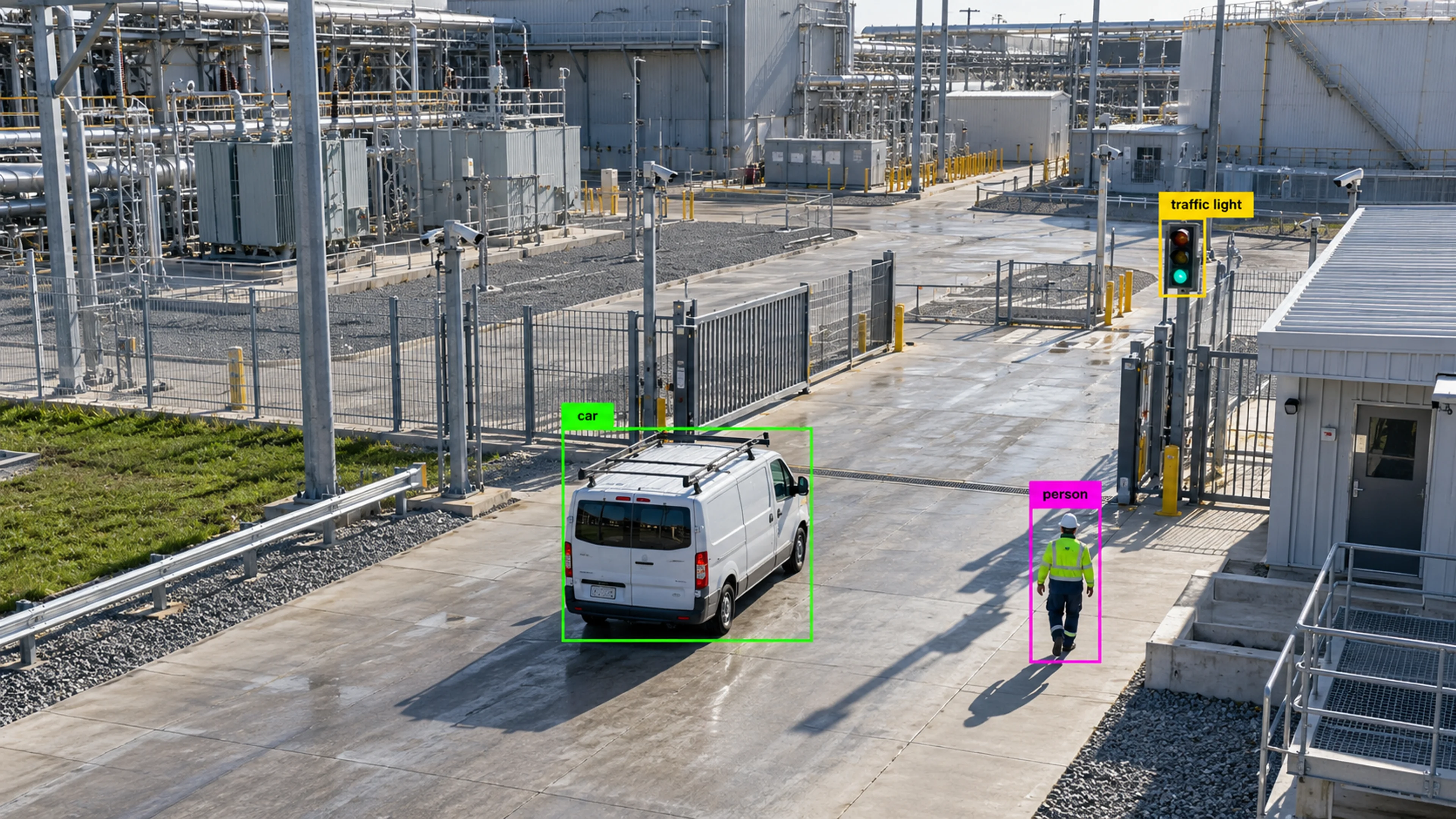 Energy facility with utility infrastructure and maintenance access. Illustrative object detections.