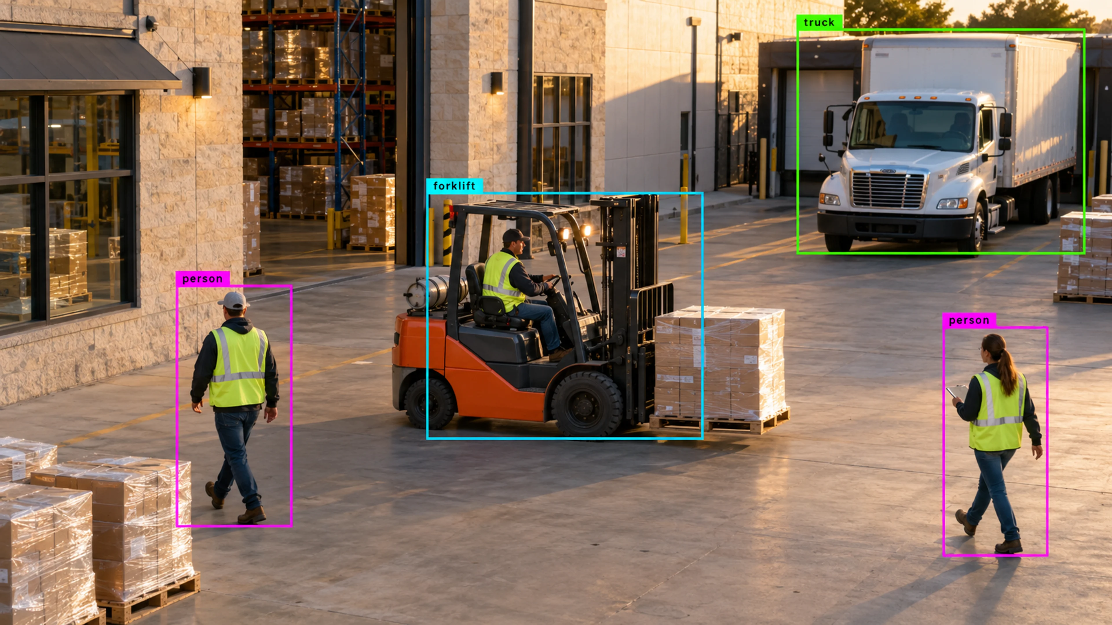 Warehouse loading area with workers, storage and a forklift. Illustrative object detections.
