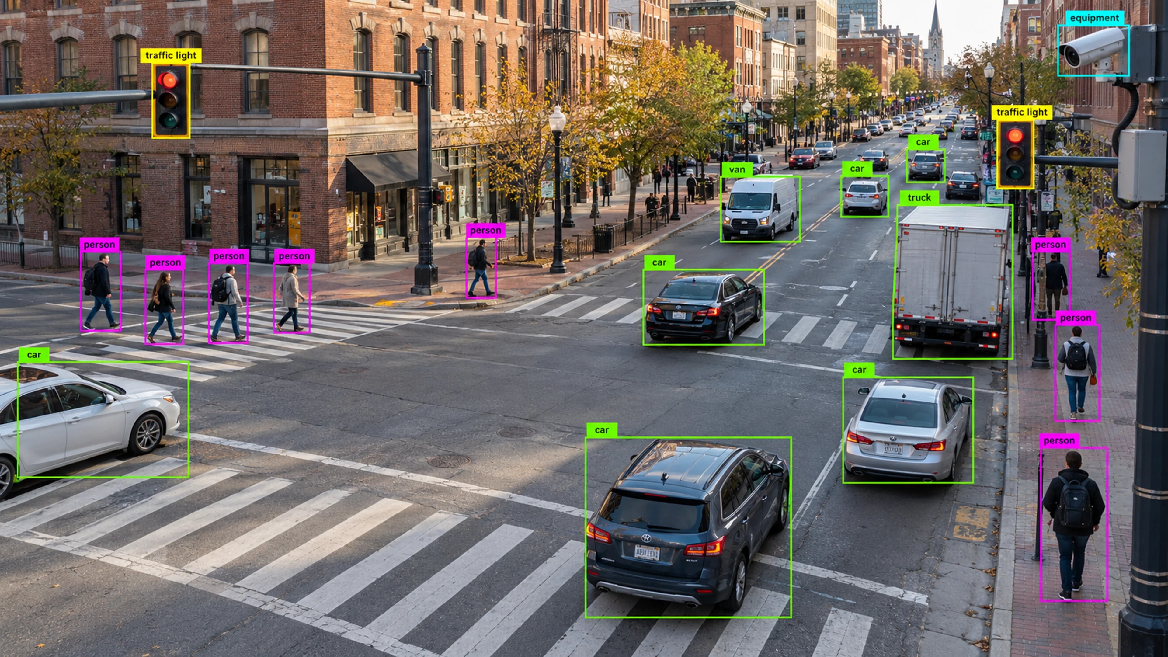 Urban intersection with vehicles, pedestrians and traffic lights. Illustrative object detections.