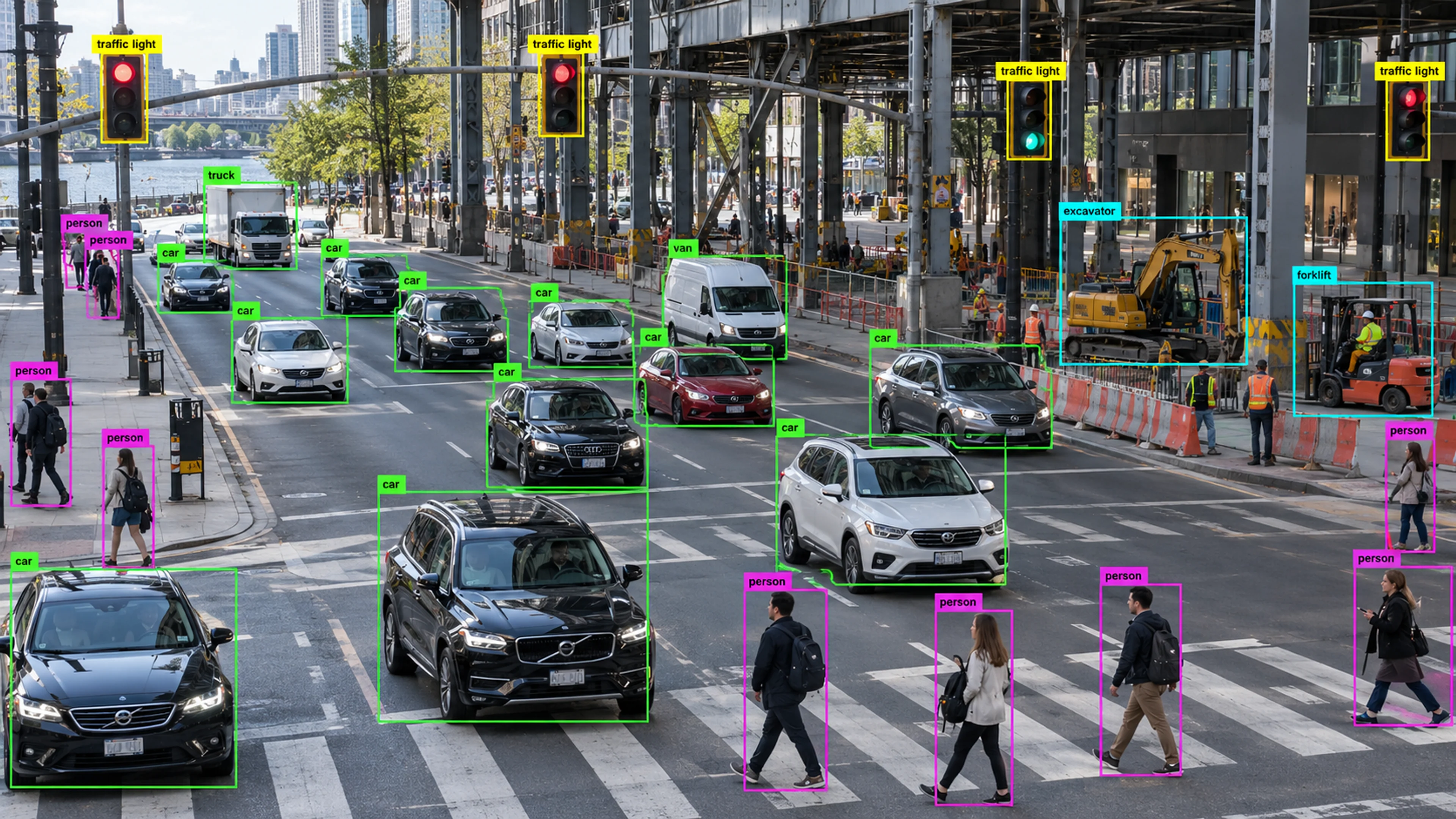Urban intersection with vehicles, pedestrians and traffic lights. Illustrative object detections.