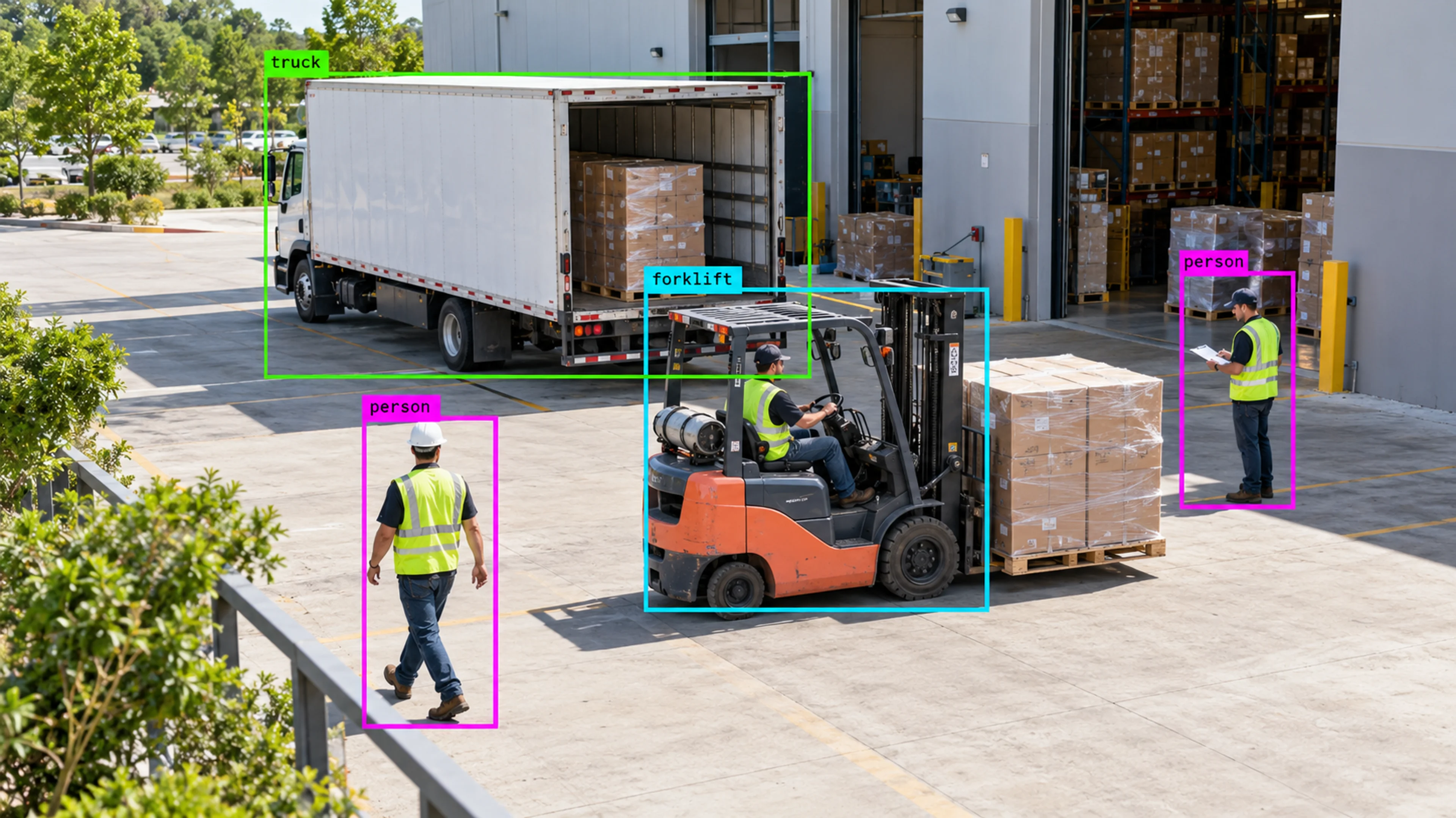 Warehouse loading area with workers, storage and a forklift. Illustrative object detections.