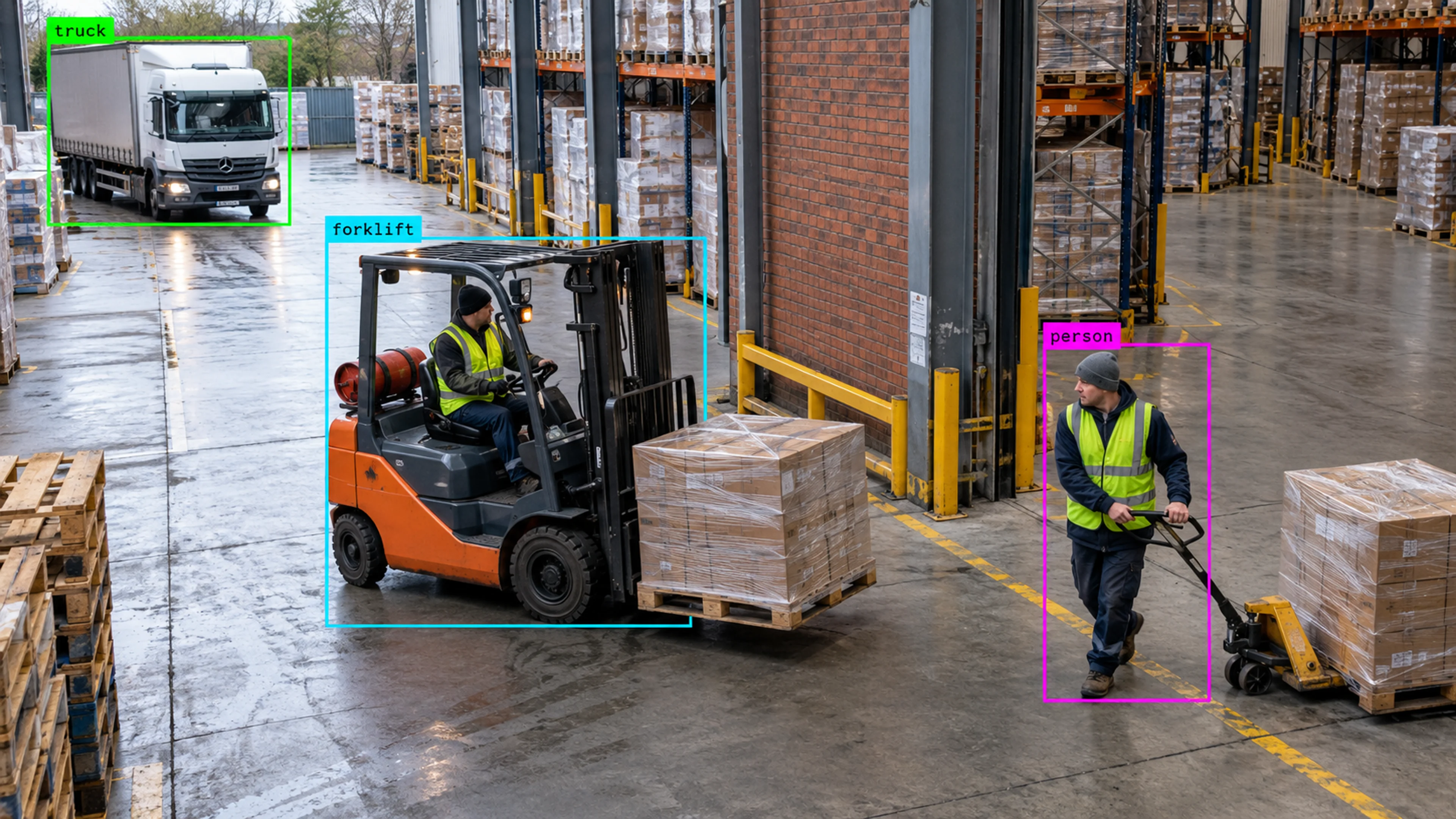 Warehouse loading area with workers, storage and a forklift. Illustrative object detections.