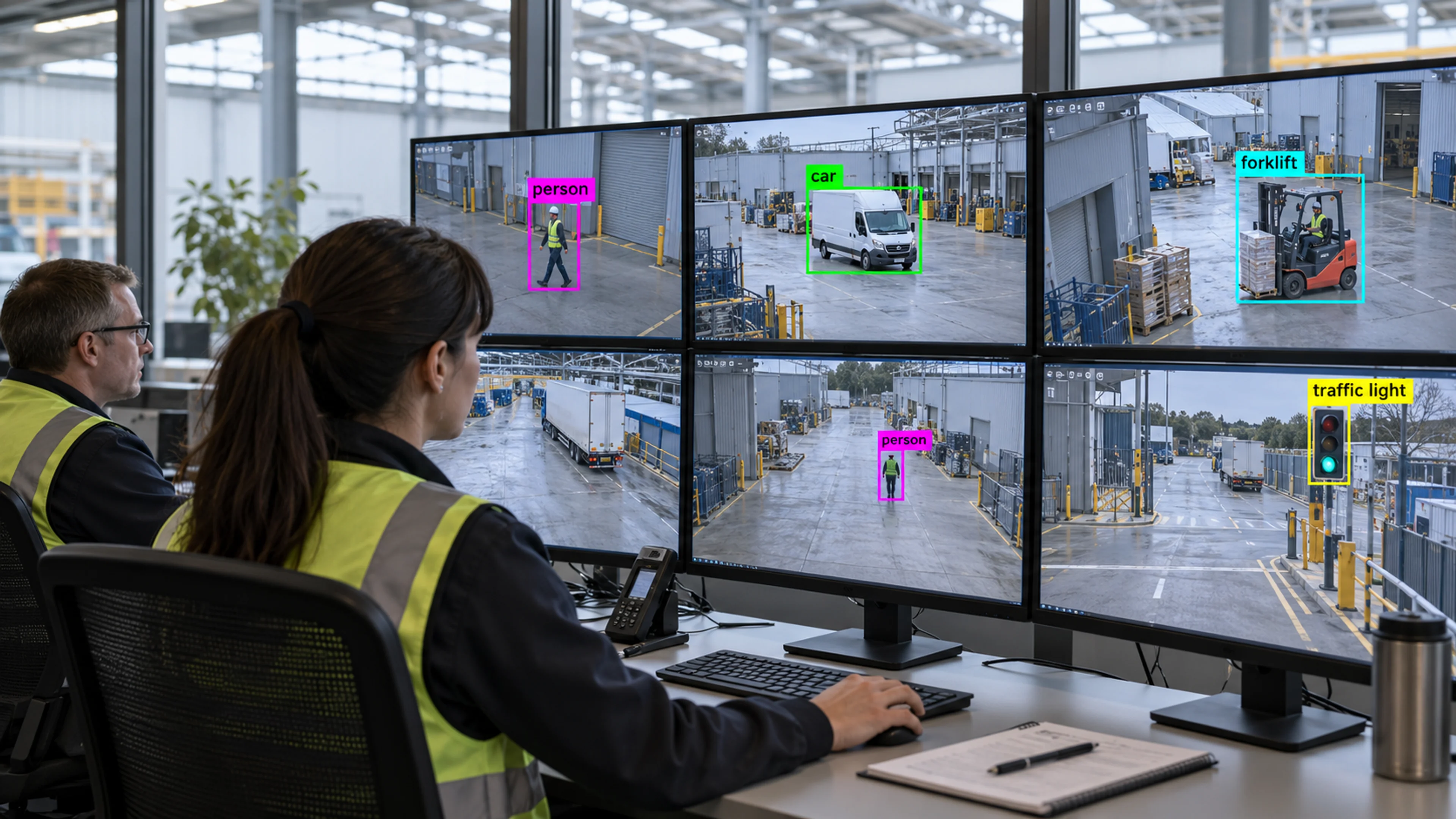 Operations staff reviewing camera views at monitoring workstations. Illustrative object detections.