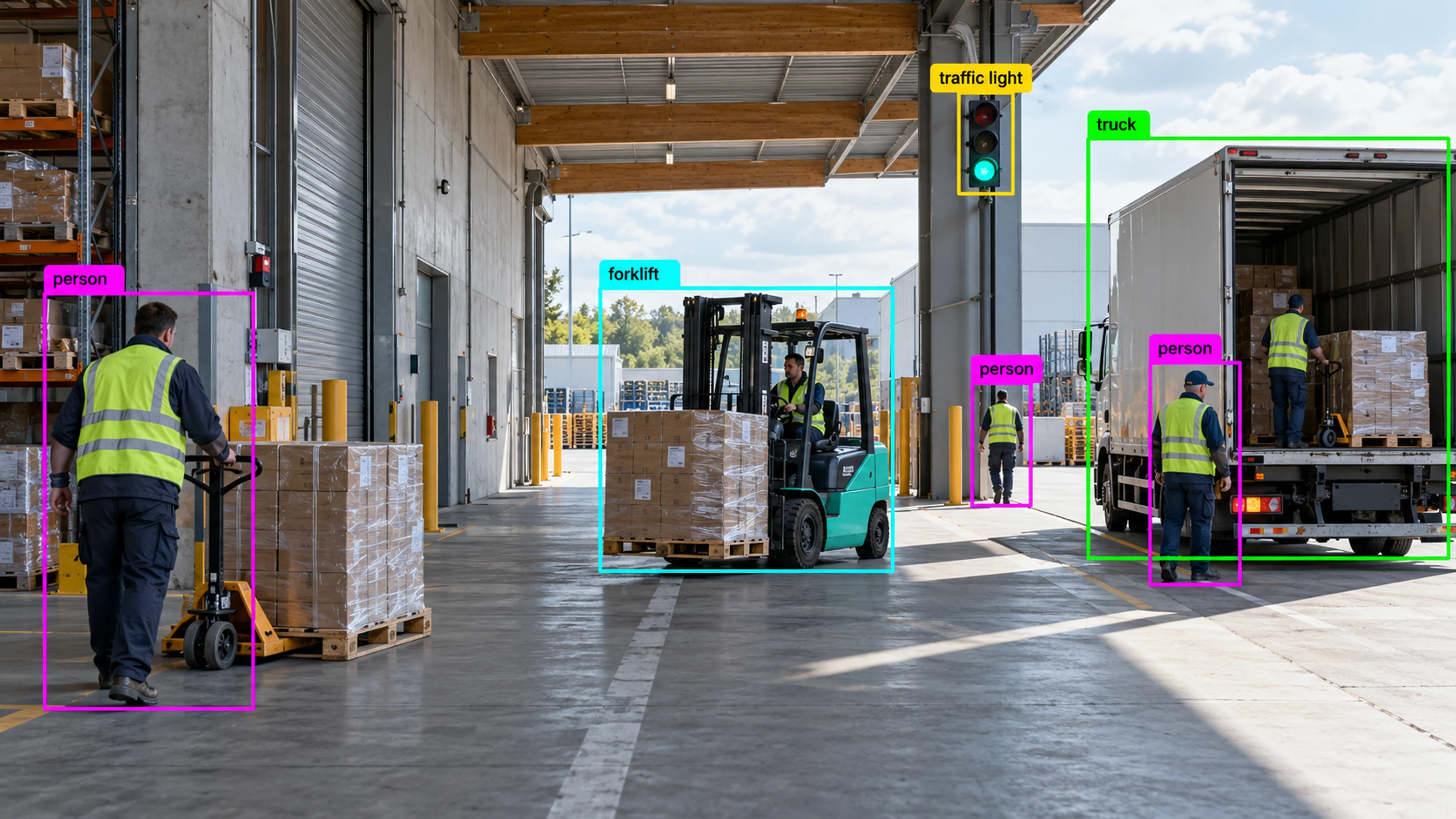 Warehouse loading area with workers, storage and a forklift. Illustrative object detections.