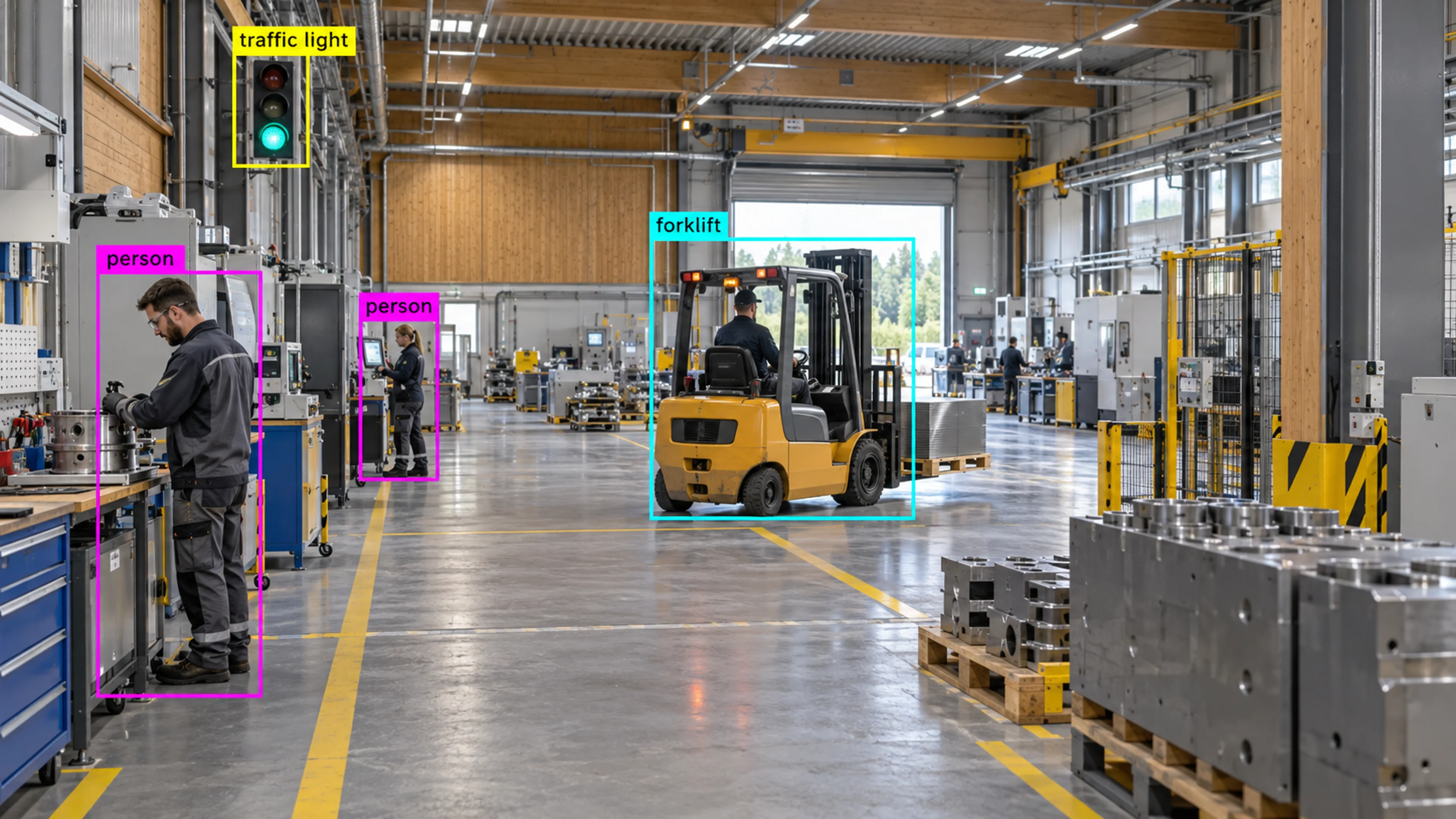 Factory production area with technicians and industrial machinery. Illustrative object detections.