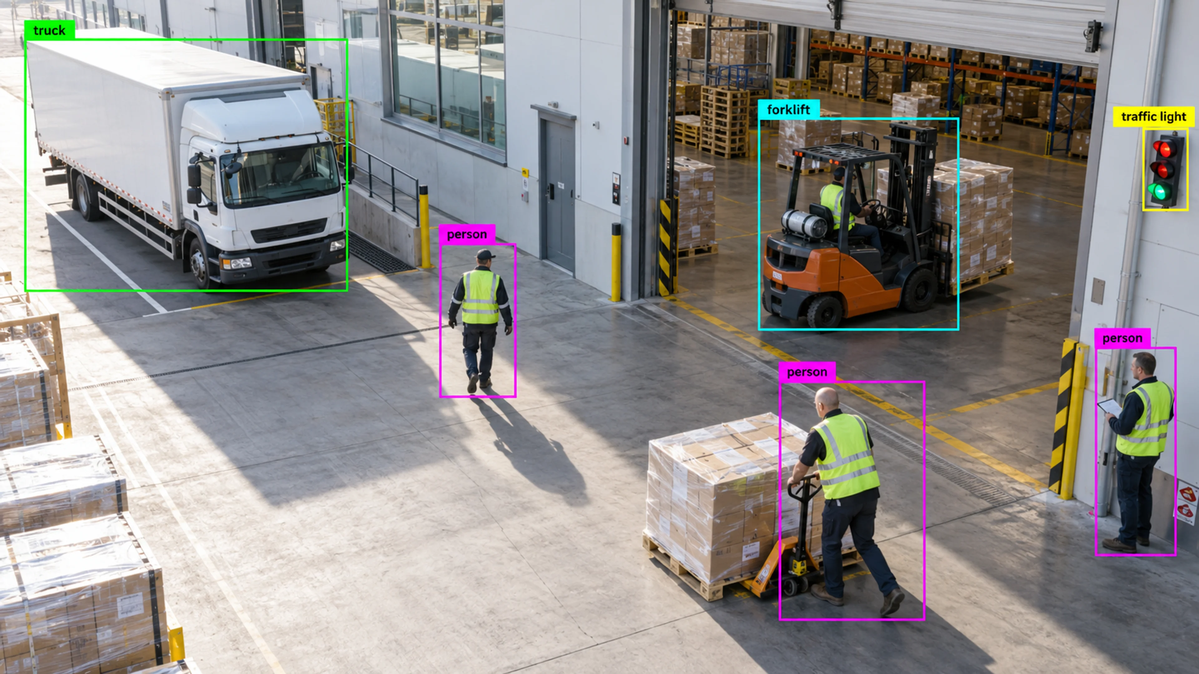 Warehouse loading area with workers, storage and a forklift. Illustrative object detections.