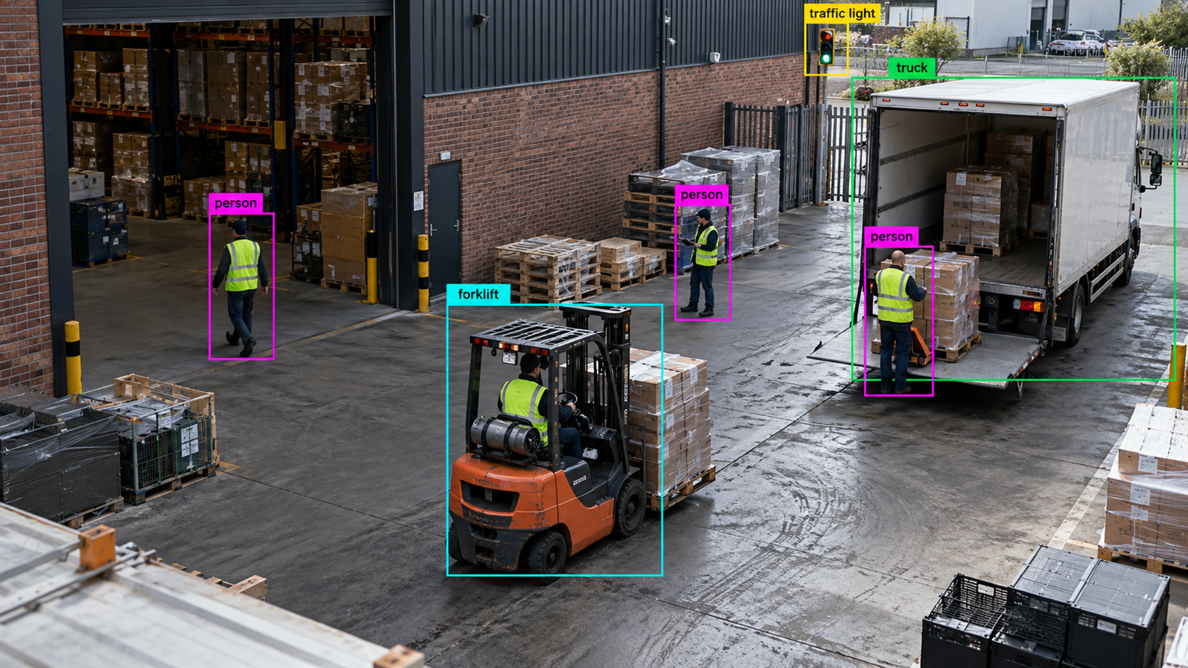 Warehouse loading area with workers, storage and a forklift. Illustrative object detections.