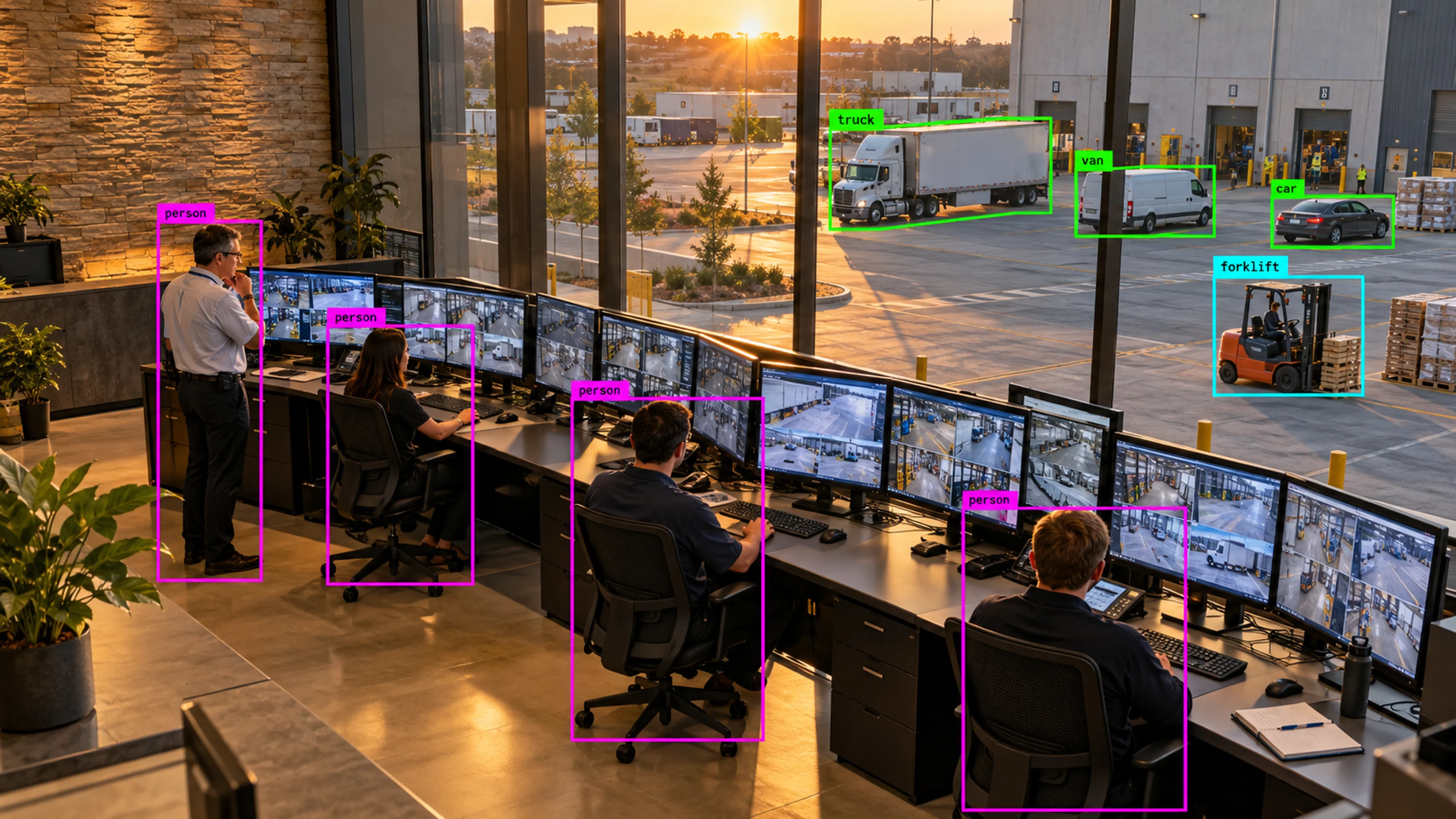 Operations staff reviewing camera views at monitoring workstations. Illustrative object detections.