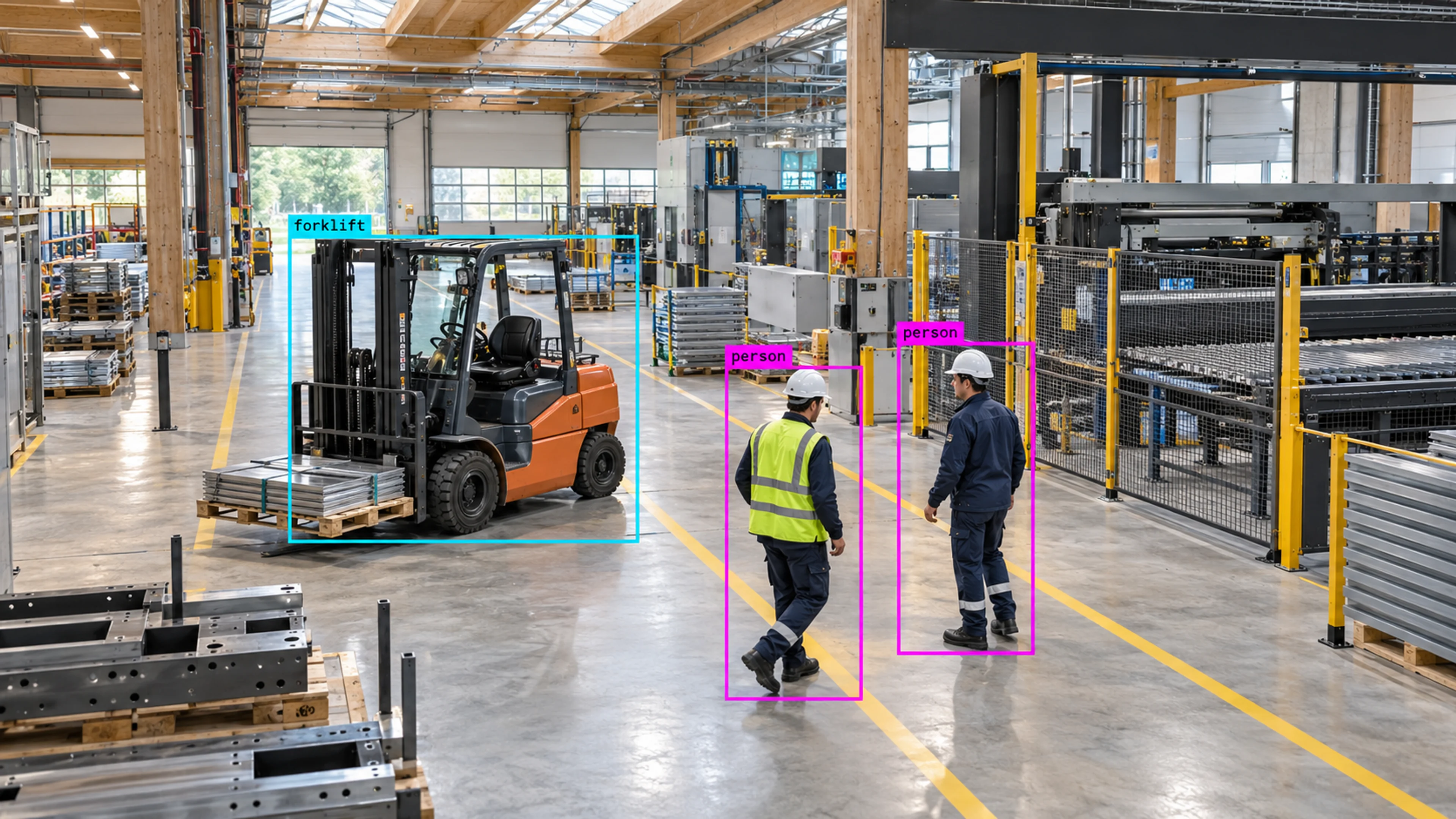 Factory production area with technicians and industrial machinery. Illustrative object detections.