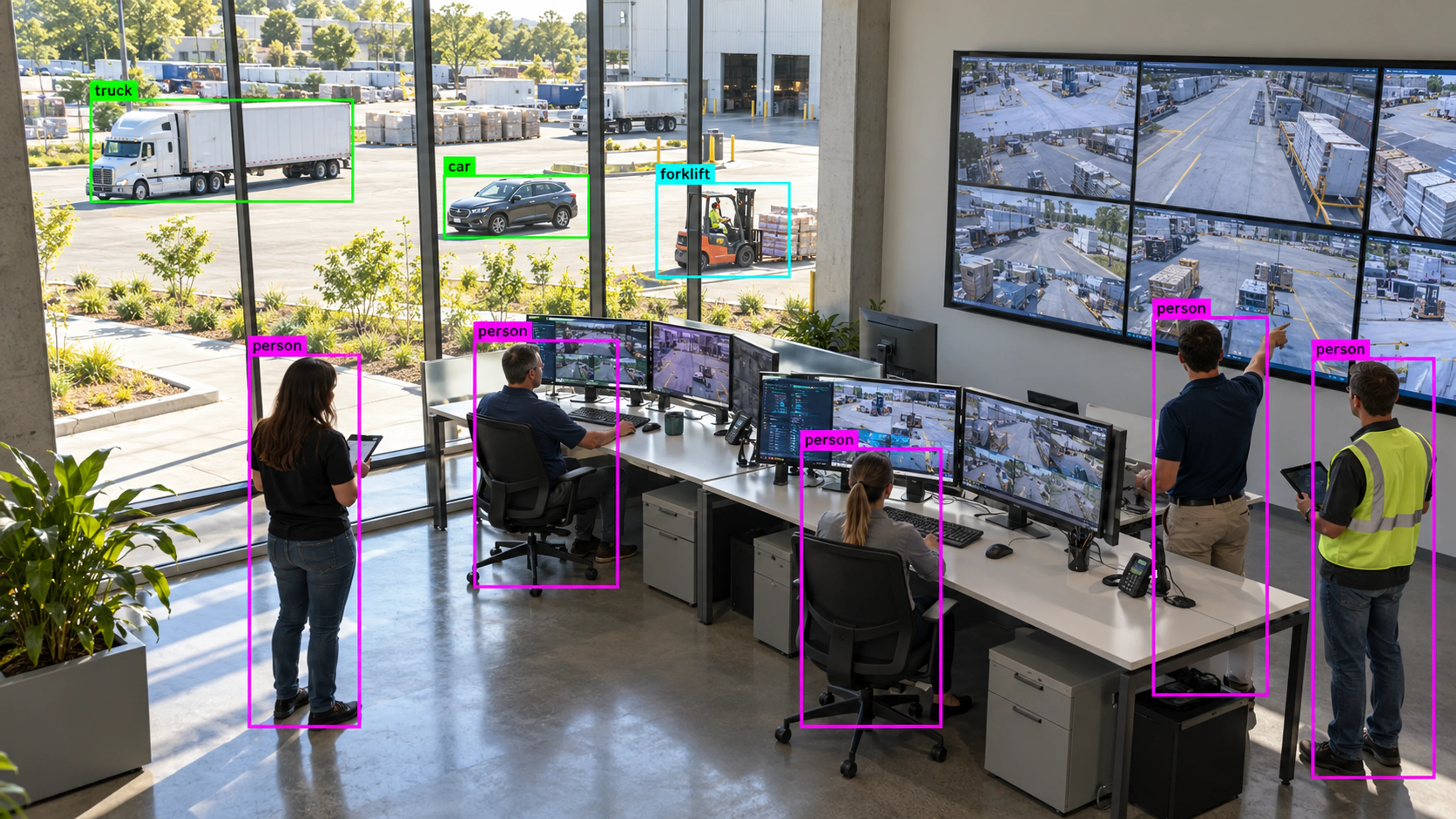 Operations staff reviewing camera views at monitoring workstations. Illustrative object detections.
