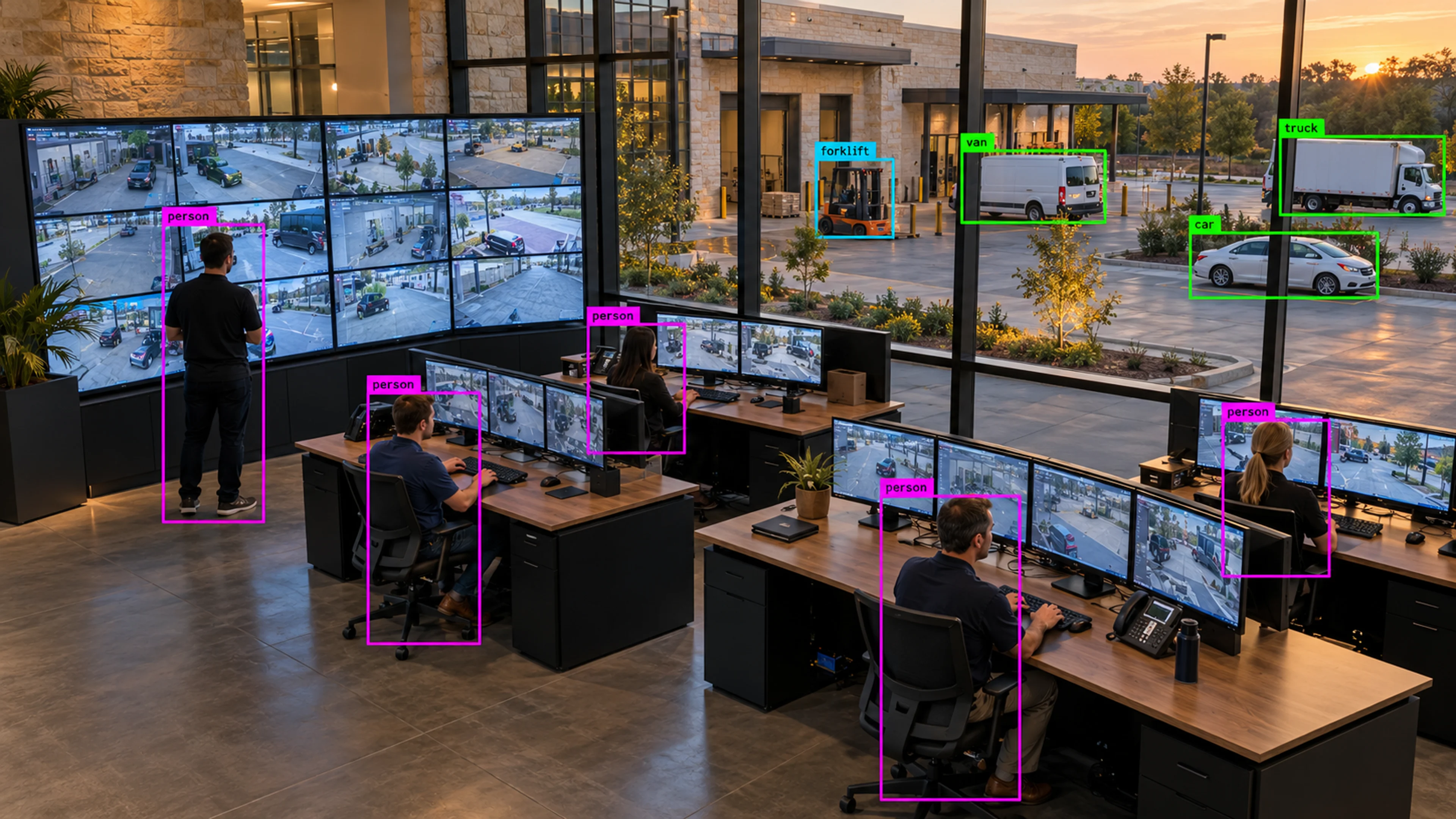 Operations staff reviewing camera views at monitoring workstations. Illustrative object detections.