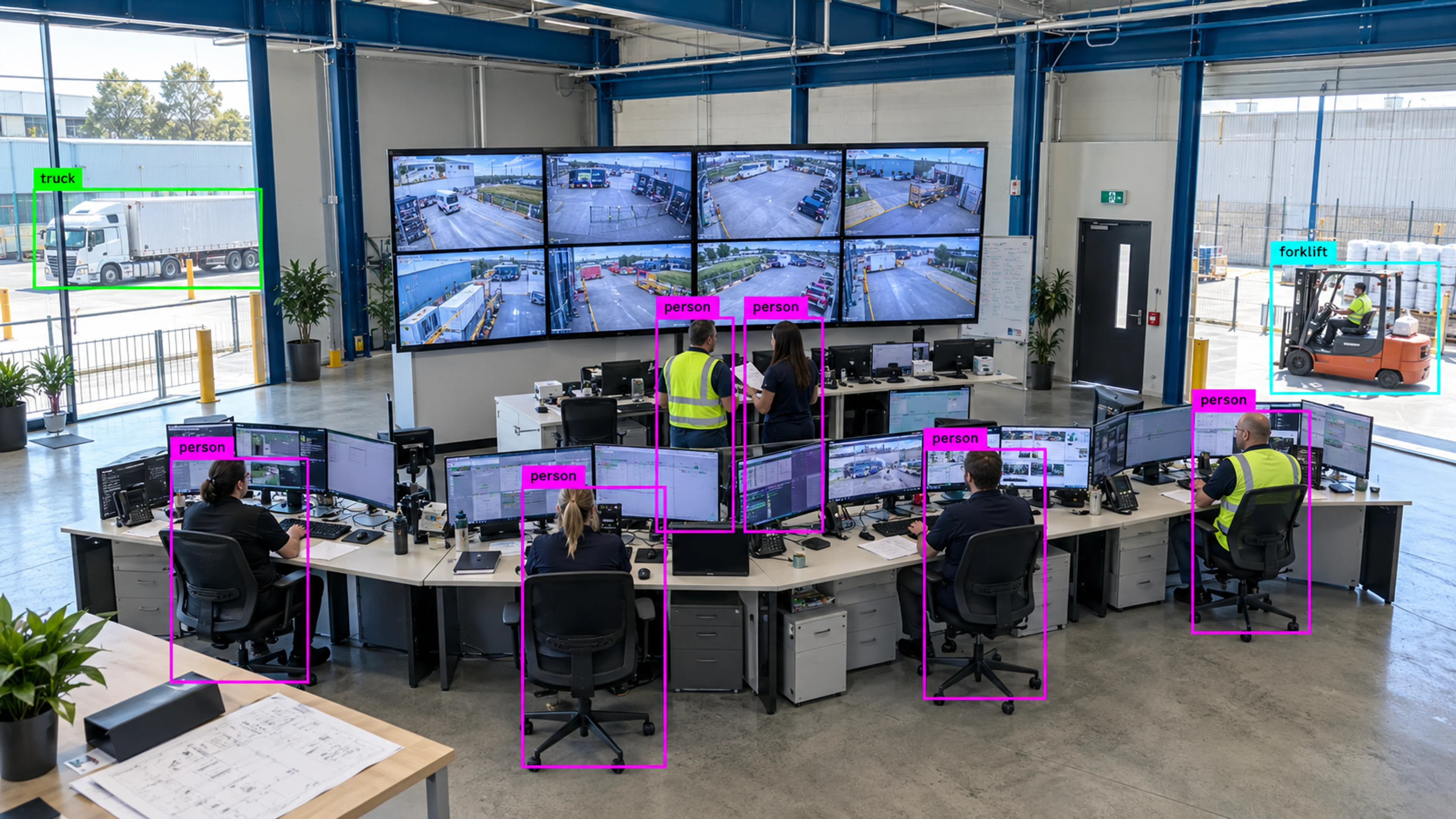 Operations staff reviewing camera views at monitoring workstations. Illustrative object detections.
