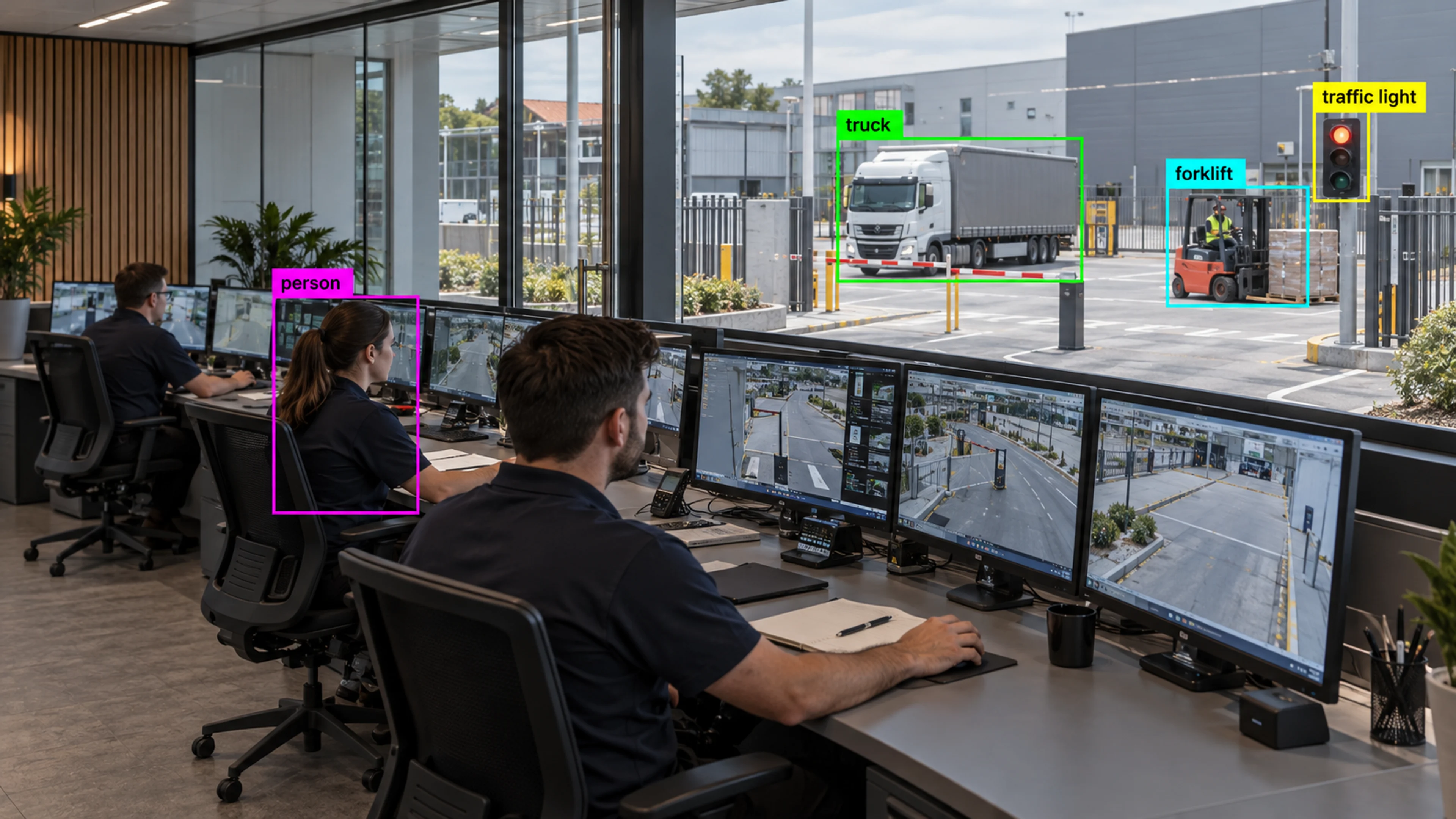 Operations staff reviewing camera views at monitoring workstations. Illustrative object detections.