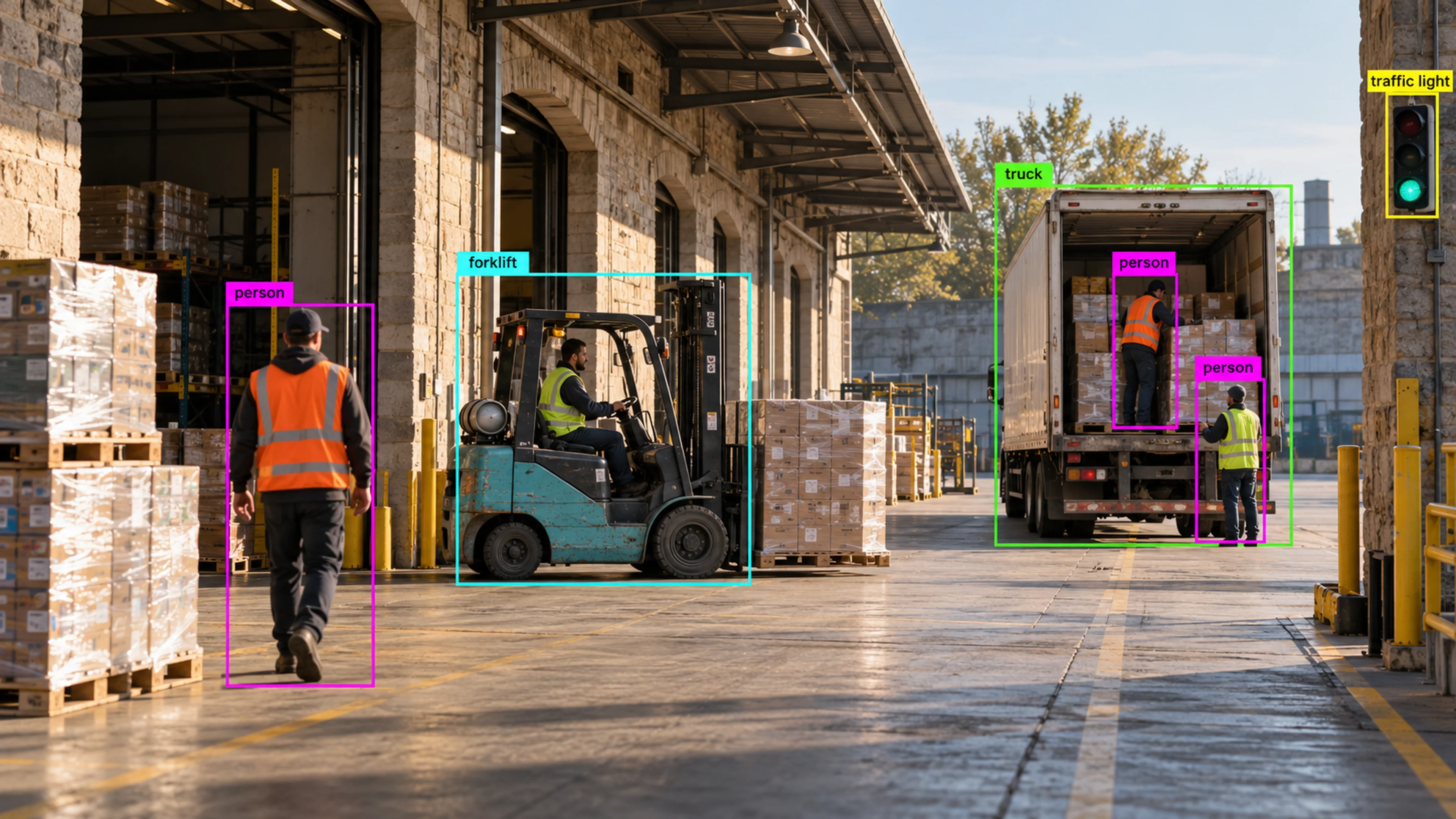 Warehouse loading area with workers, storage and a forklift. Illustrative object detections.