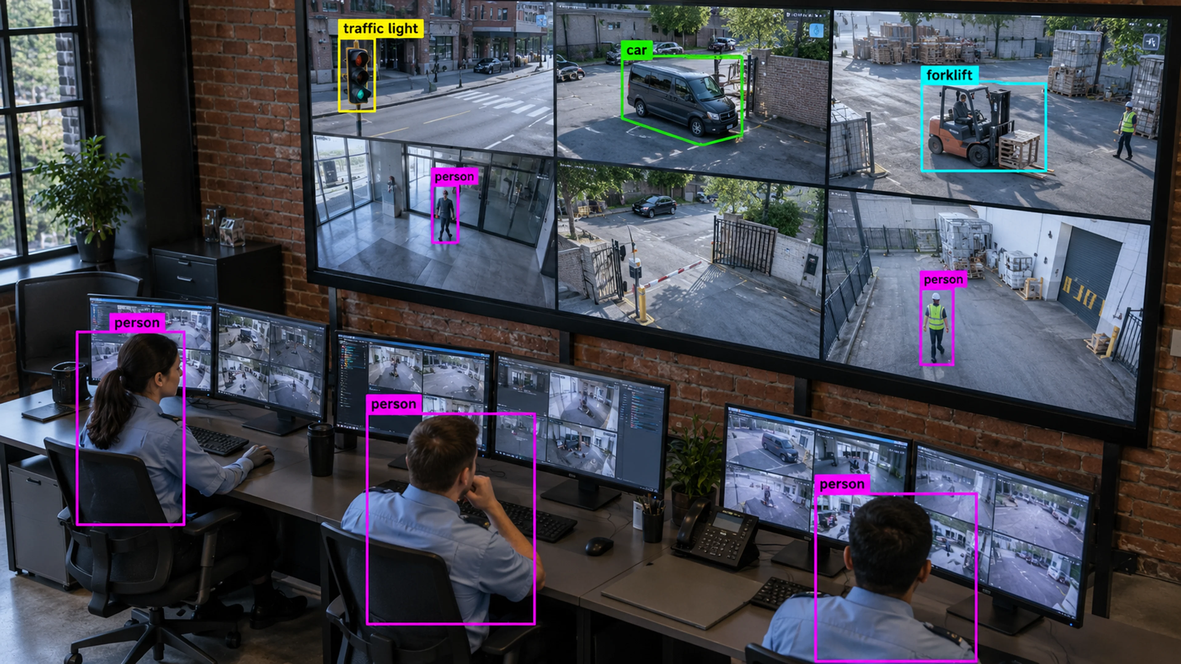 Operations staff reviewing camera views at monitoring workstations. Illustrative object detections.