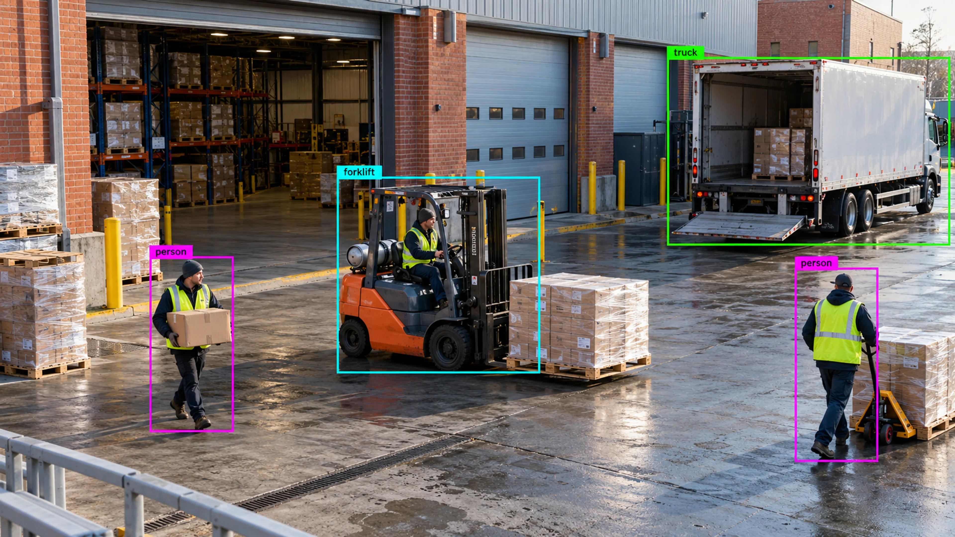 Warehouse loading area with workers, storage and a forklift. Illustrative object detections.